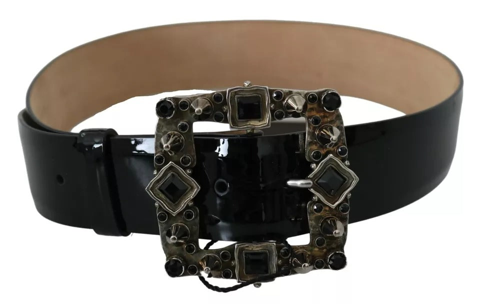 Dolce & Gabbana Black Shiny Leather Crystal Logo Buckle Women's Belt (Pre-Owned)