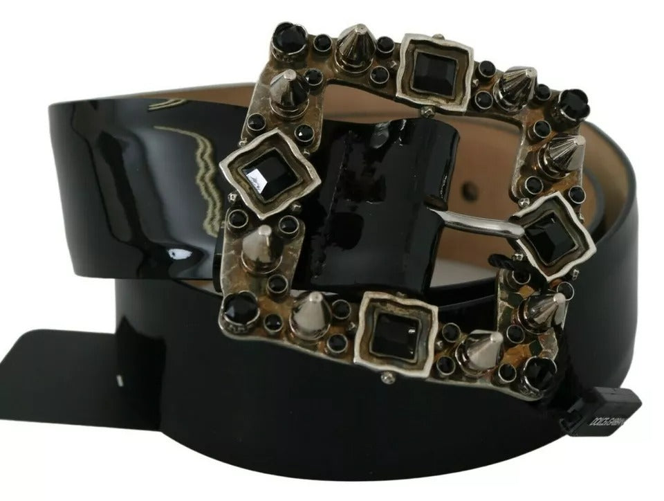 Dolce & Gabbana Black Shiny Leather Crystal Logo Buckle Women's Belt (Pre-Owned)