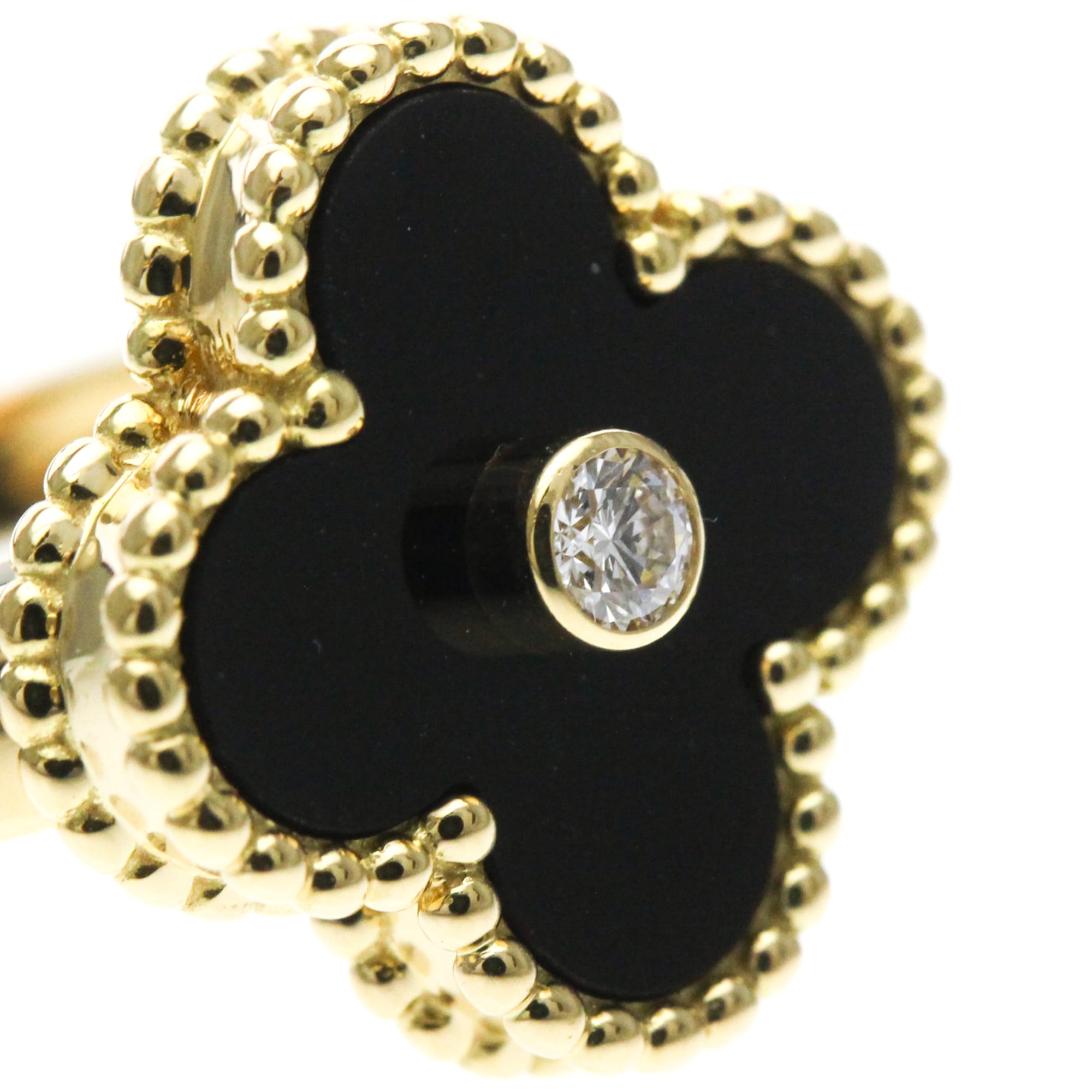 Van Cleef & Arpels Vintage Alhambra 18K Yellow Gold With Carnelian And Diamond Black Yellow_Gold Ring Jewelry (Pre-Owned)