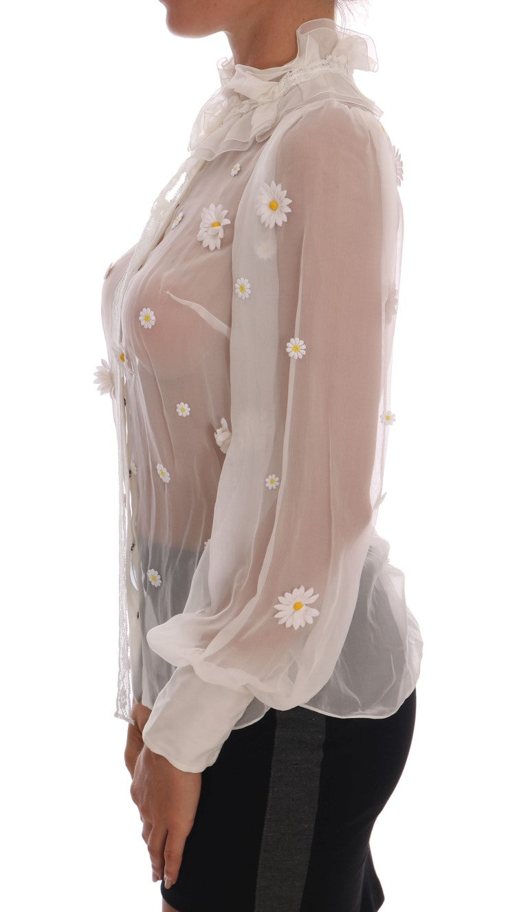 Dolce & Gabbana White Daisy Applique Silk Women's Shirt