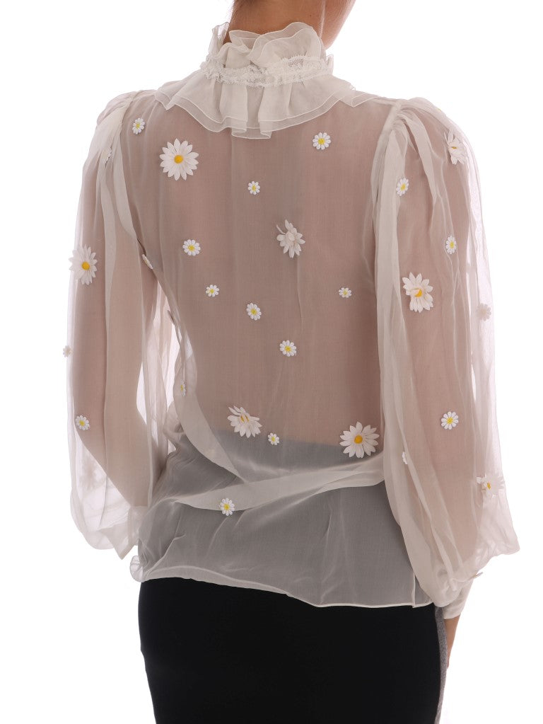 Dolce & Gabbana White Daisy Applique Silk Women's Shirt
