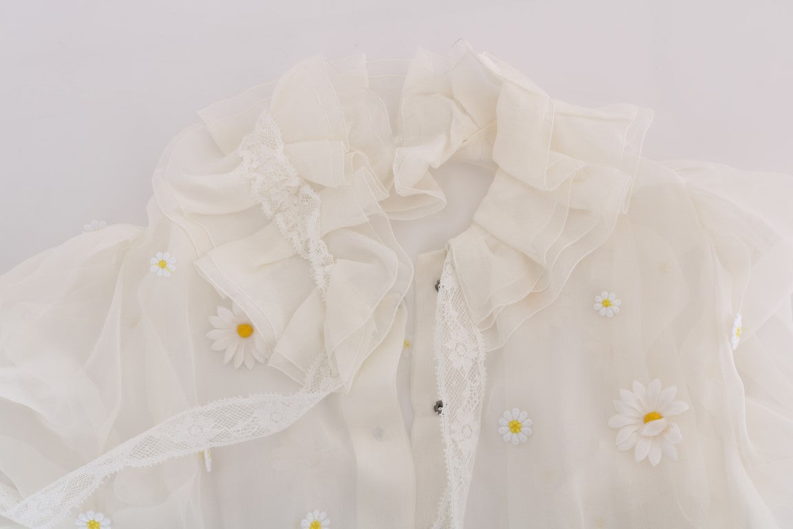 Dolce & Gabbana White Daisy Applique Silk Women's Shirt