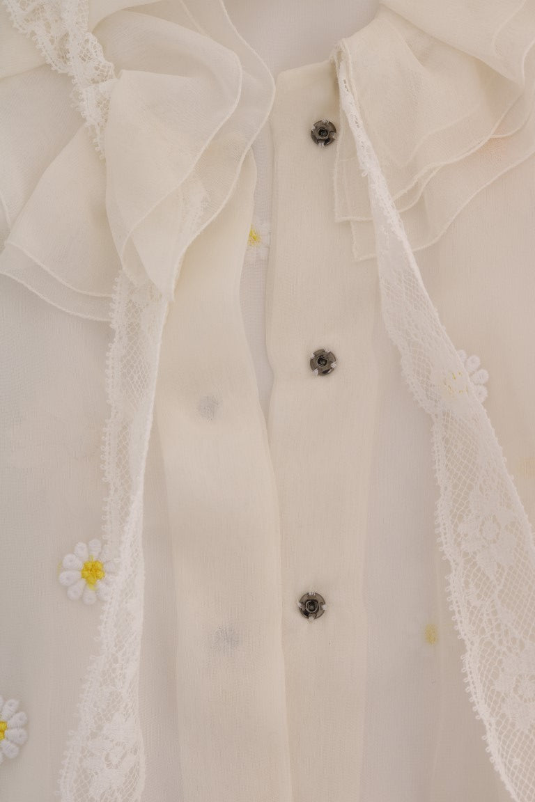 Dolce & Gabbana White Daisy Applique Silk Women's Shirt