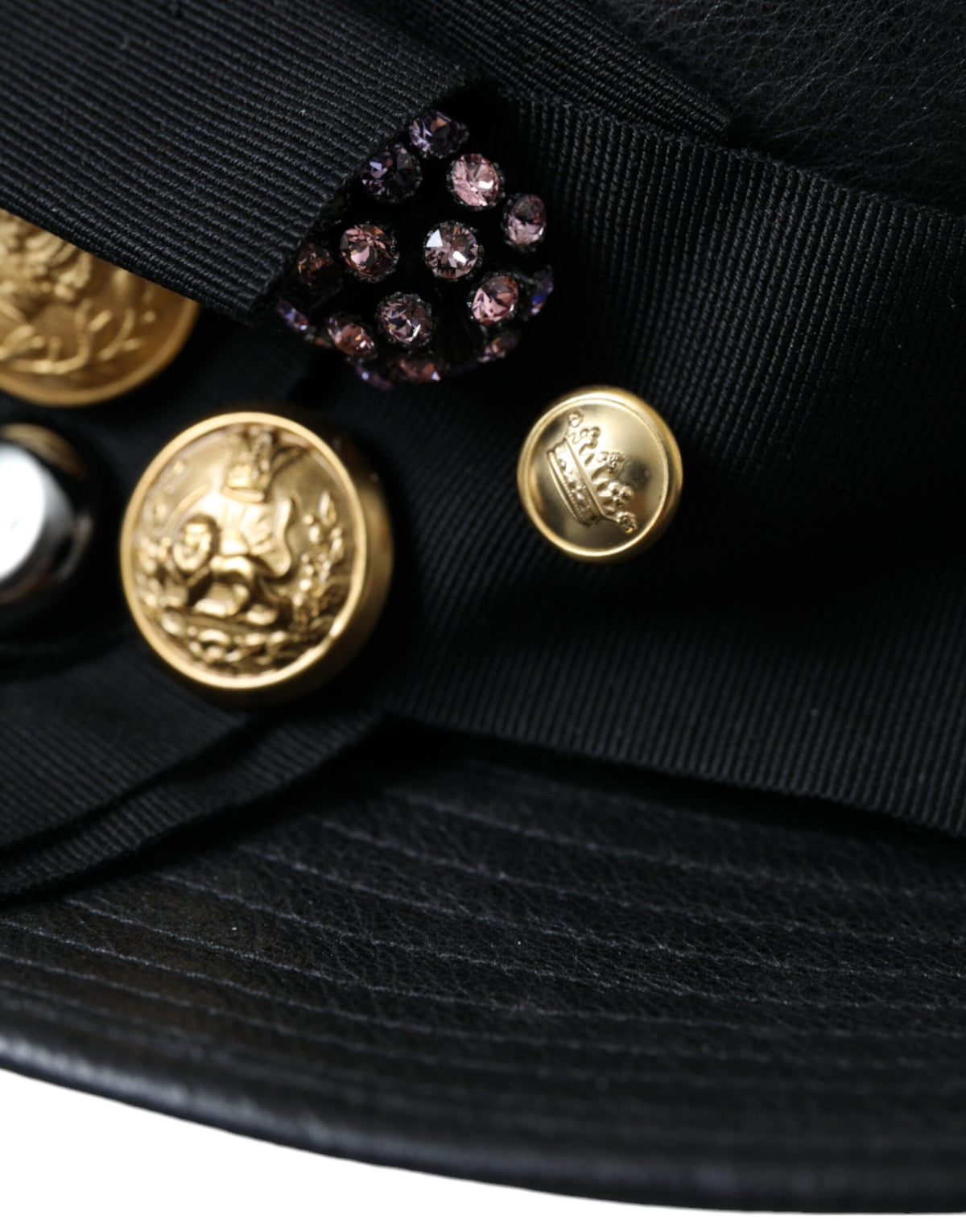 Dolce & Gabbana Black Leather DG Coin Crystal Wide Brim Women's Hat