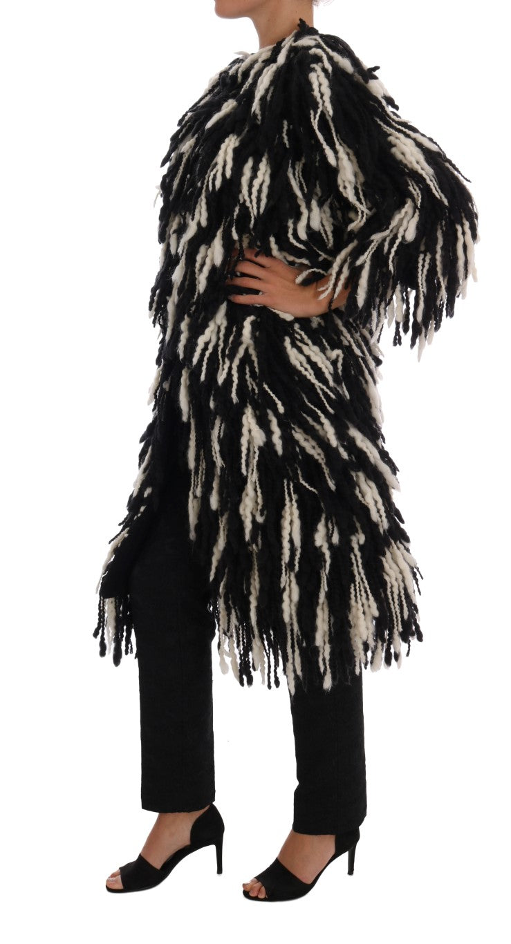 Dolce & Gabbana Black and White Fringed Wool Coat Women's Jacket