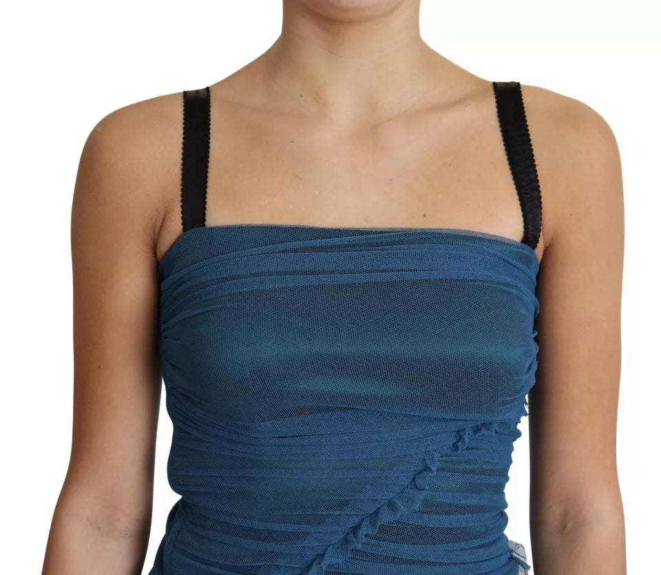 Dolce & Gabbana Blue Draped Tulle Midi Sheath Cotton Women's Dress (Pre-Owned)