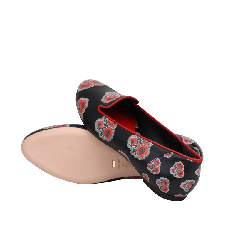 Alexander McQueen Women's Rose Pattern Black Leather Slipper Shoes 462229