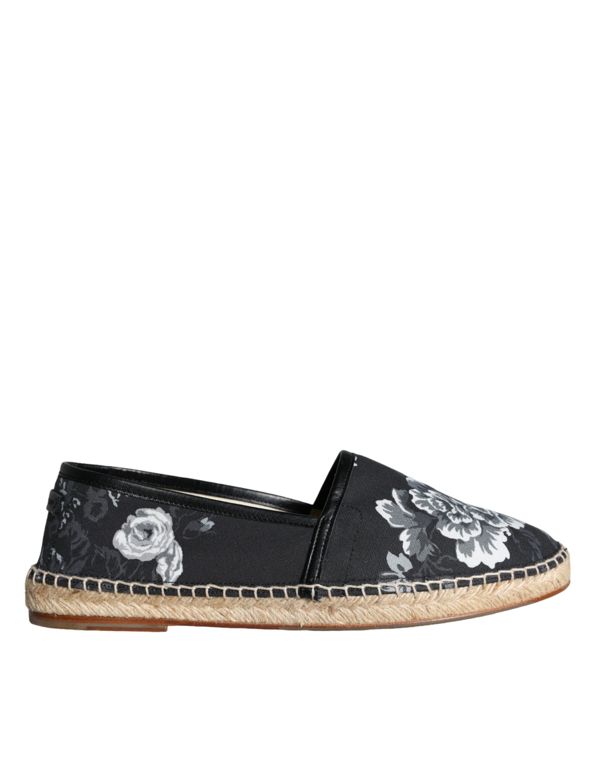 Dolce & Gabbana Black Floral Cotton Leather Espadrilles Men's Shoes