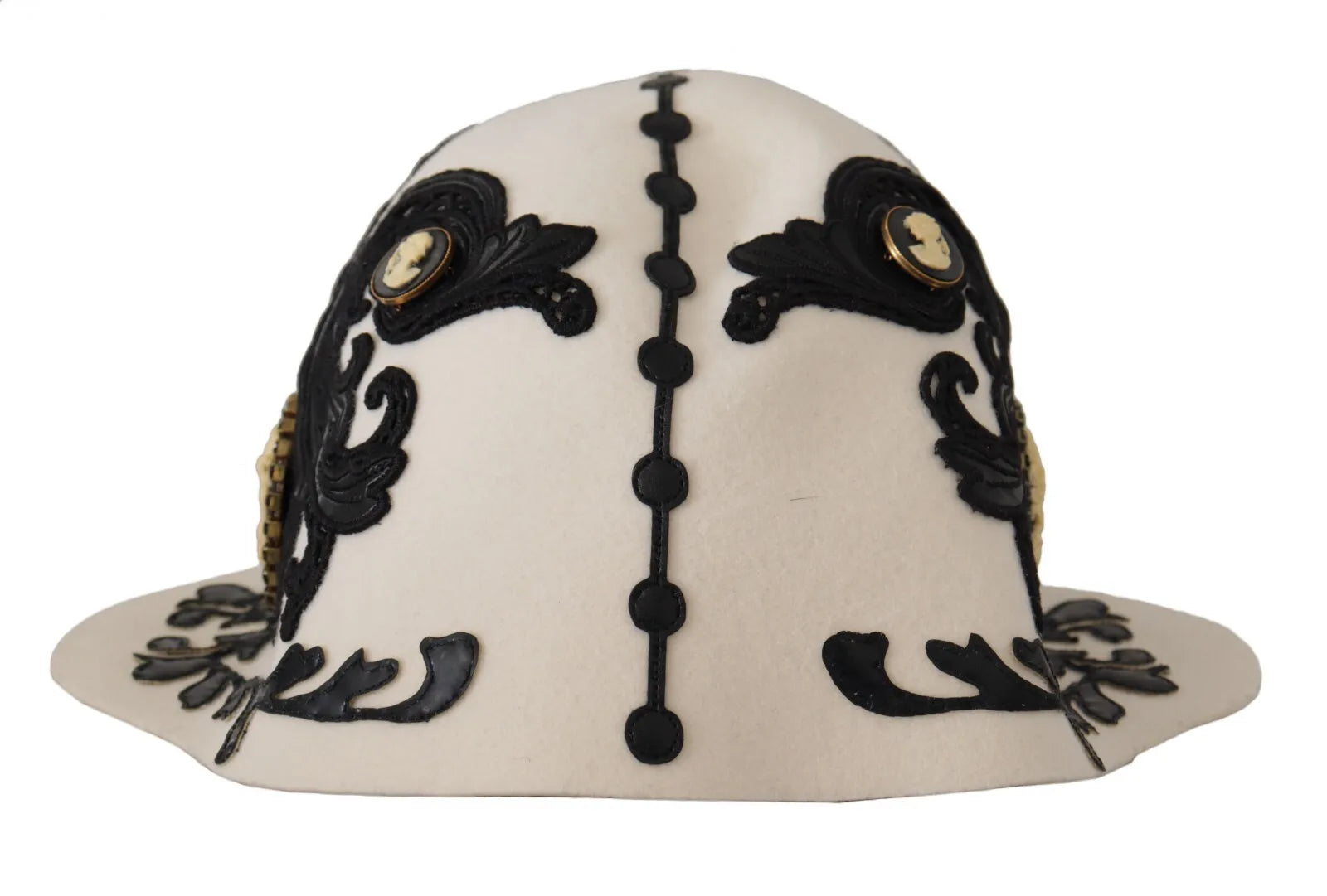 Dolce & Gabbana White Black Wool Embroidered Cameo Brooch Women's Hat