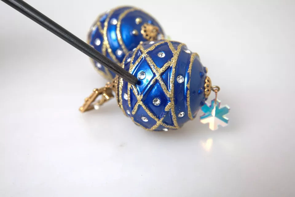 Dolce & Gabbana Gold Brass Blue Dangle Christmas Ball Crystal Clip On Women's Earrings (Pre-Owned)