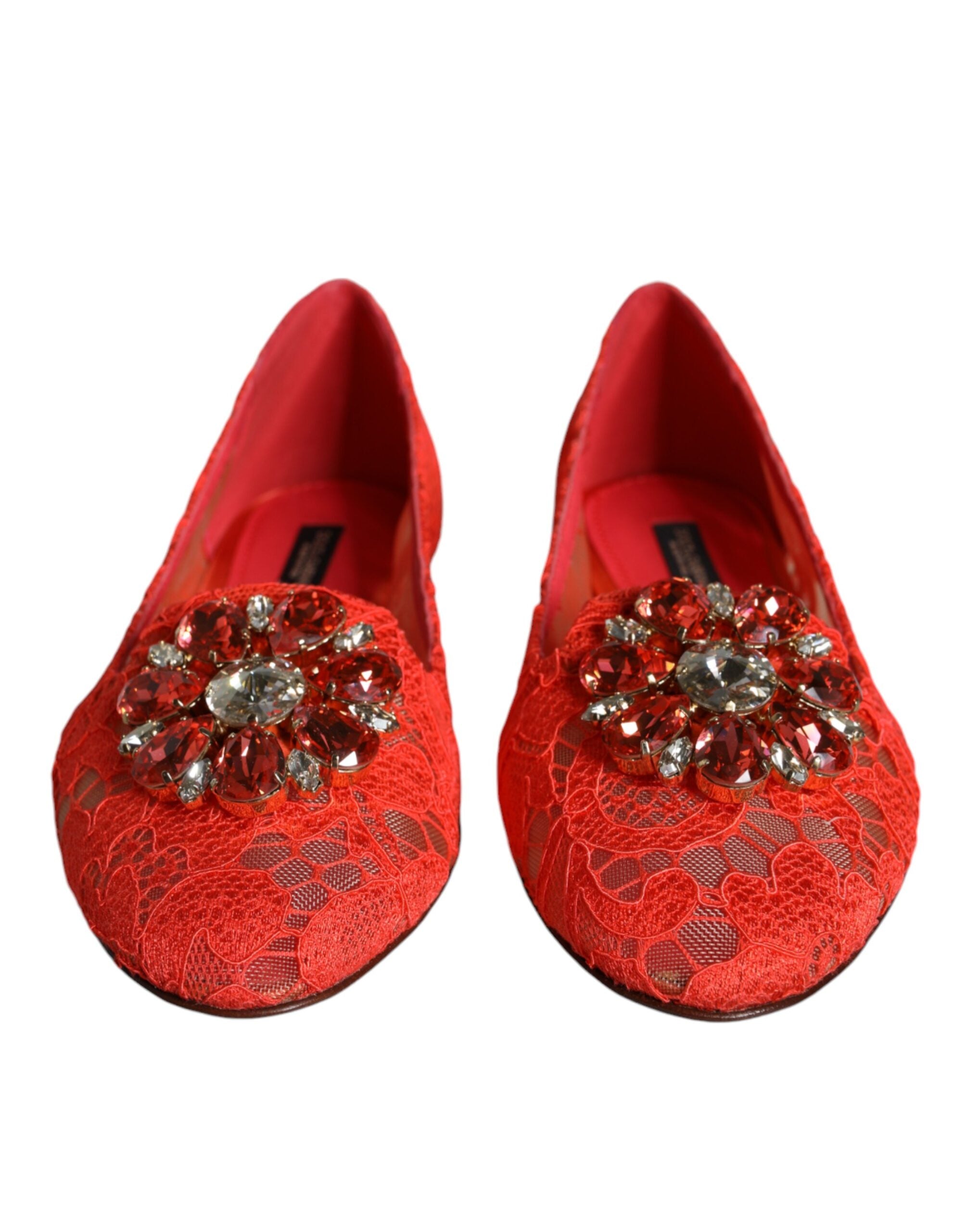 Dolce & Gabbana Coral Lace Crystal Ballet Flats Loafers Women's Shoes