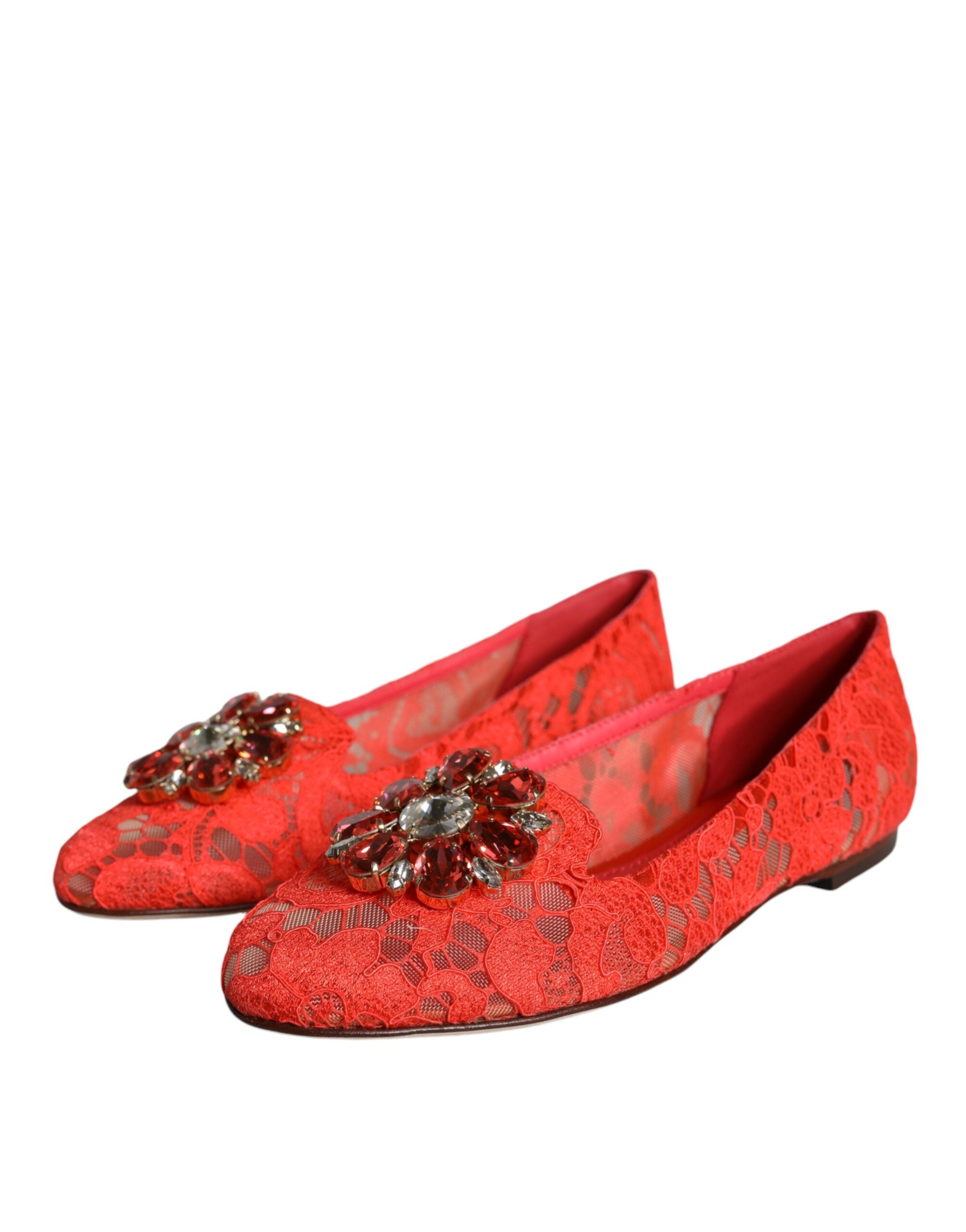 Dolce & Gabbana Coral Lace Crystal Ballet Flats Loafers Women's Shoes