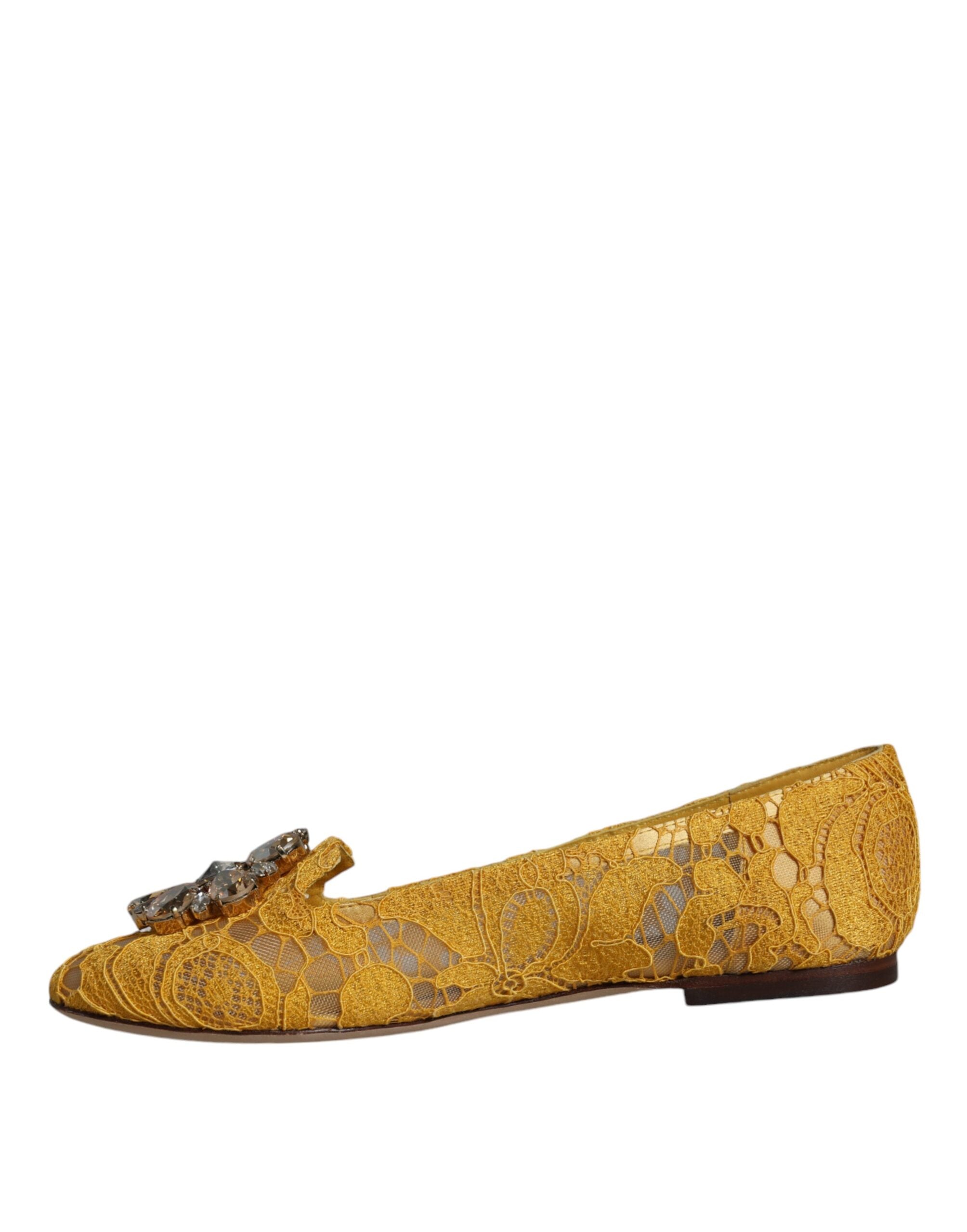 Dolce & Gabbana Mustard Lace Crystal Ballet Flats Loafer Women's Shoes