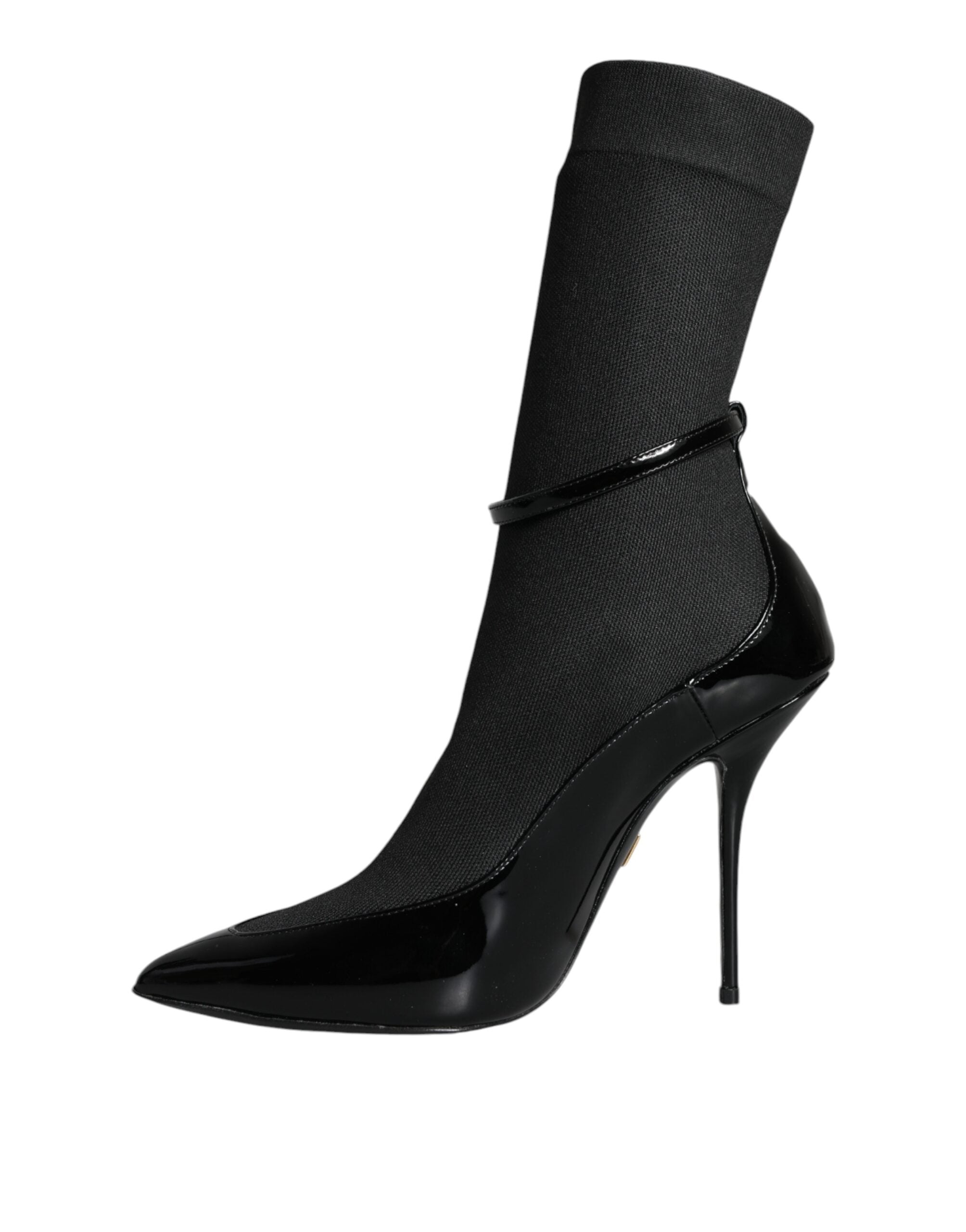 Dolce & Gabbana Black Leather Stilettos Booties Socks Women's Shoes