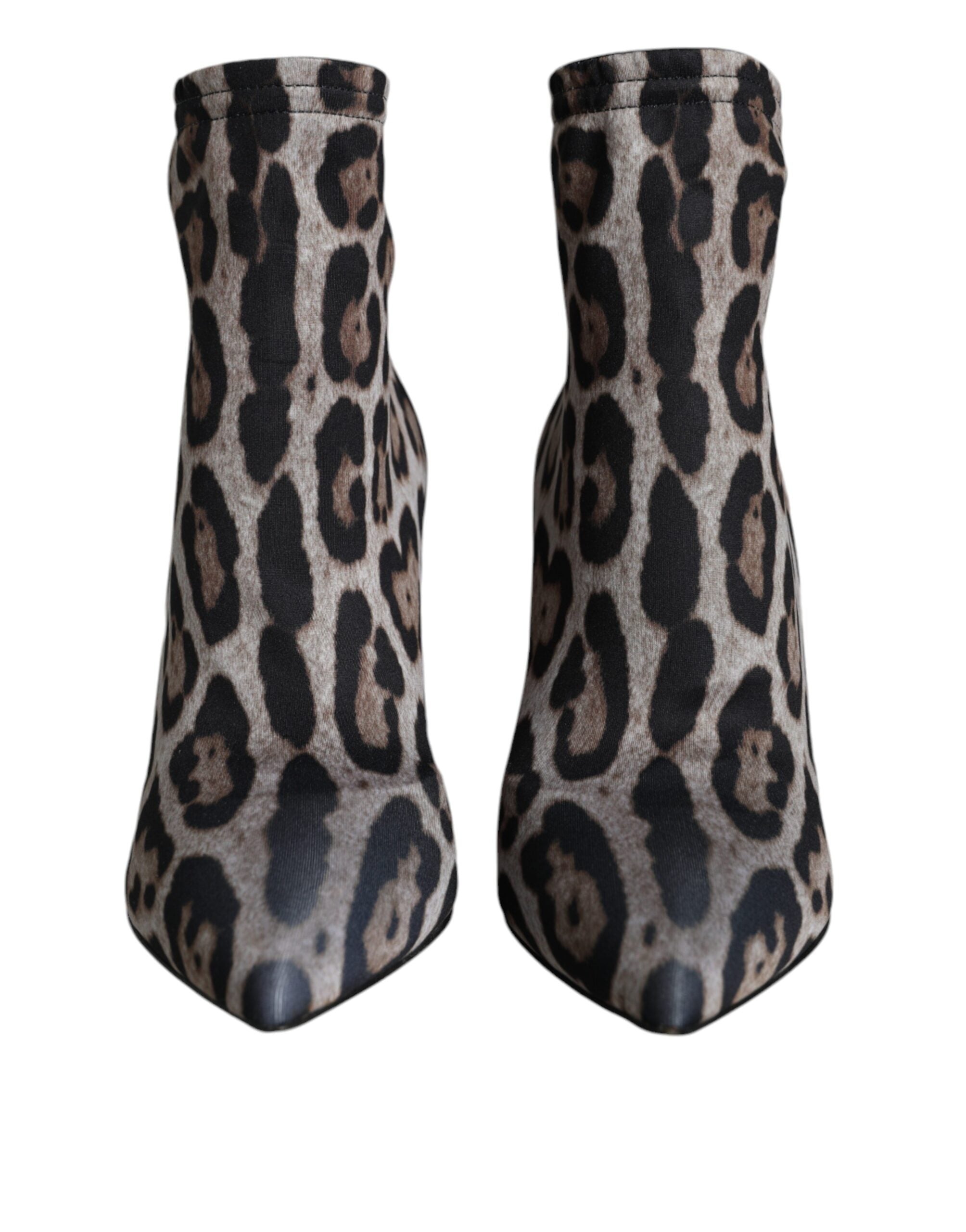 Dolce & Gabbana Gray Leopard Stretch Heels Ankle Boots Women's Shoes