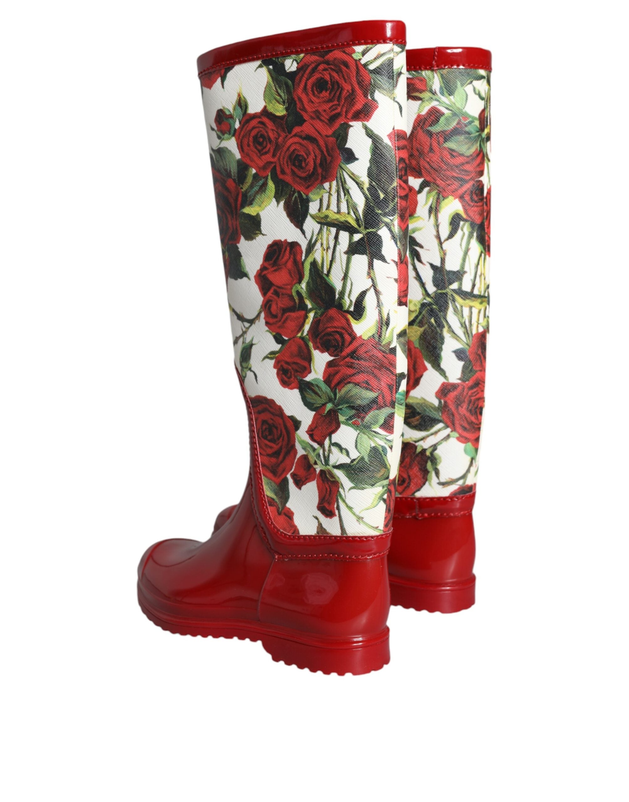 Dolce & Gabbana Red Floral Rubber Knee High Flat Boots Women's Shoes