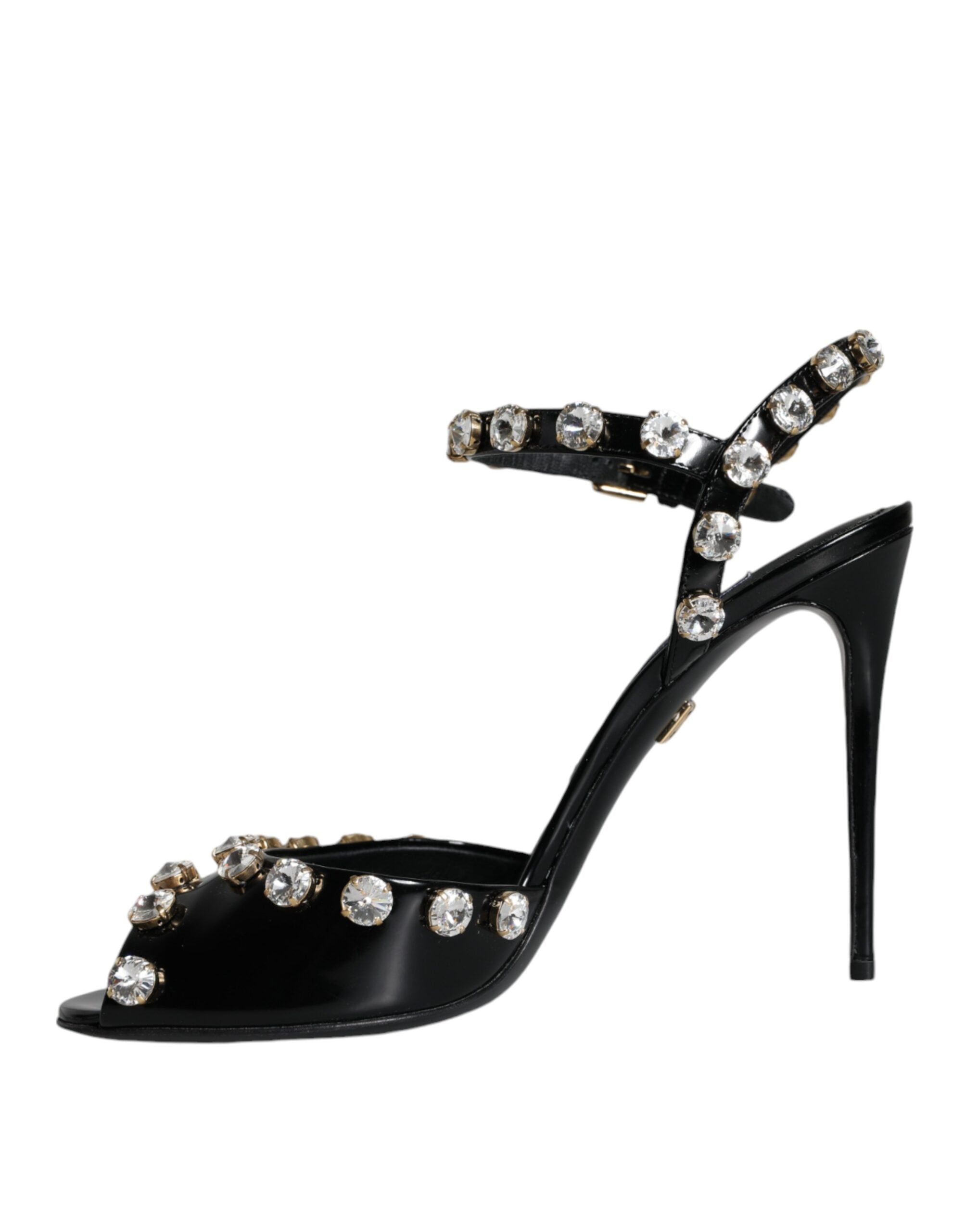 Dolce & Gabbana Black Leather Crystal Ankle Strap Sandals Women's Shoes