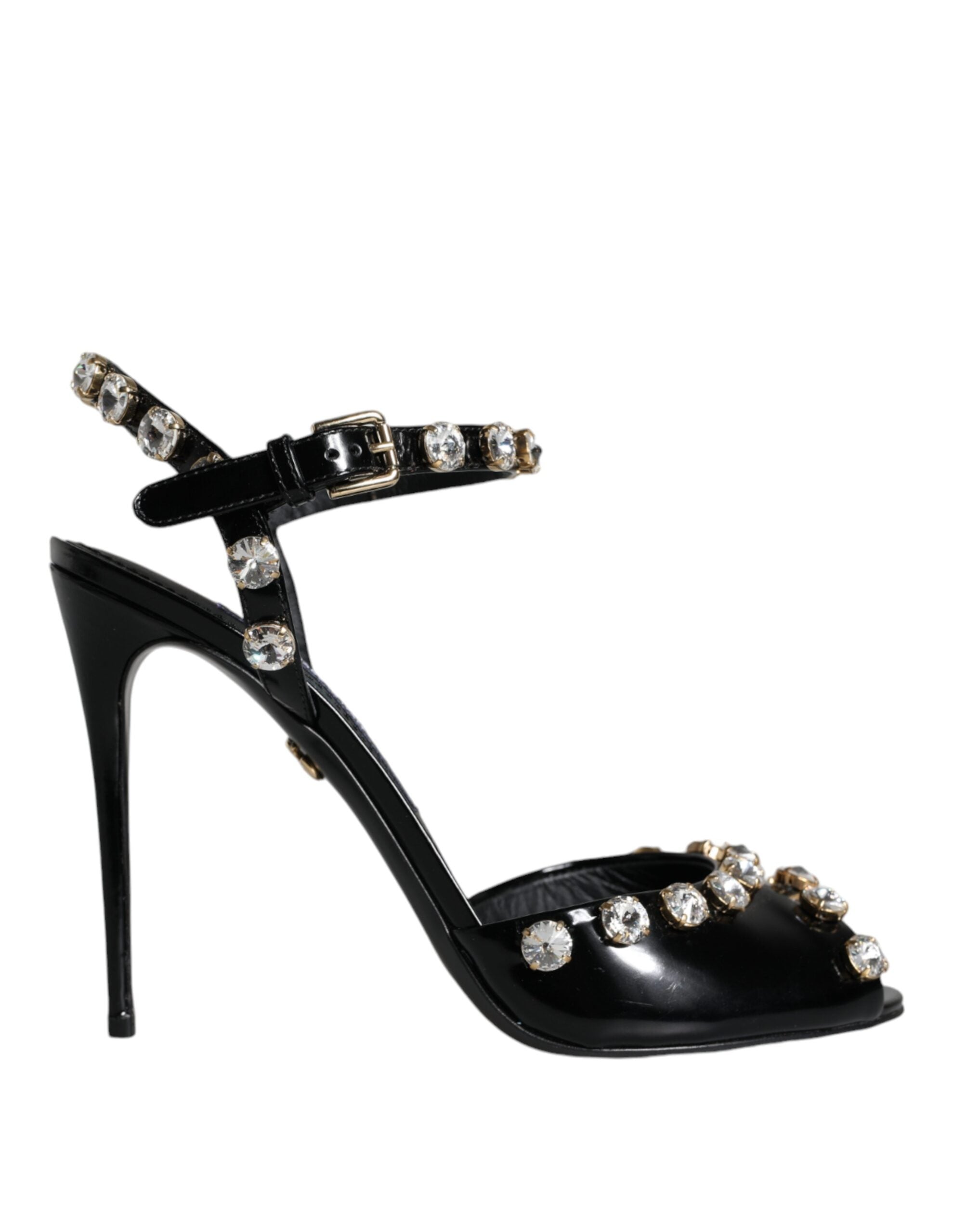 Dolce & Gabbana Black Leather Crystal Ankle Strap Sandals Women's Shoes