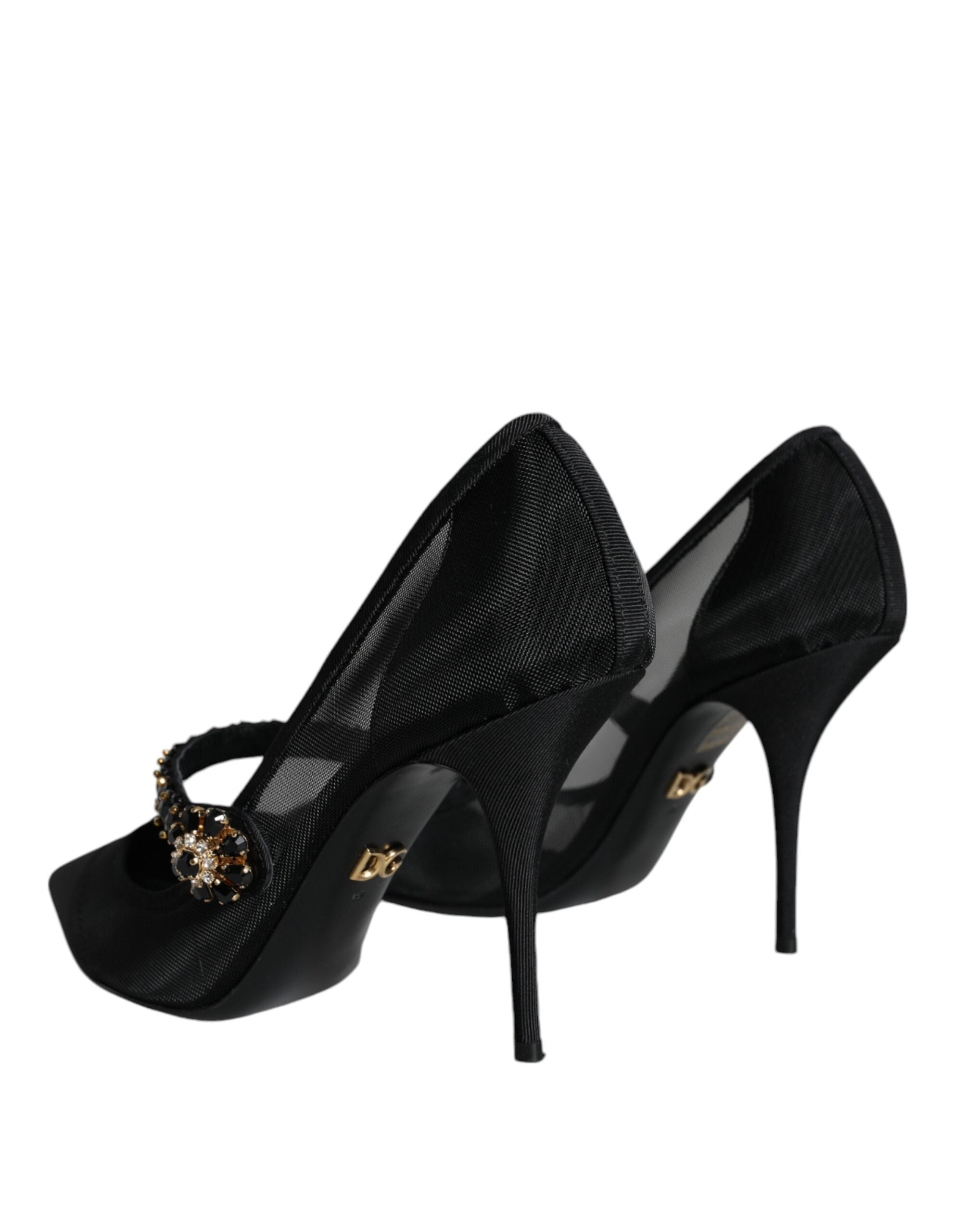 Dolce & Gabbana Black Mesh Mary Jane Crystal Heel Pumps Women's Shoes