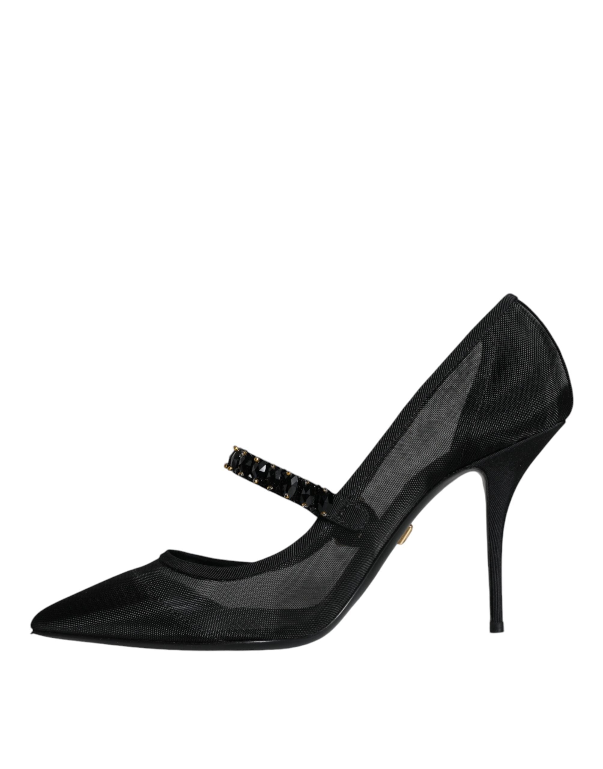 Dolce & Gabbana Black Mesh Mary Jane Crystal Heel Pumps Women's Shoes