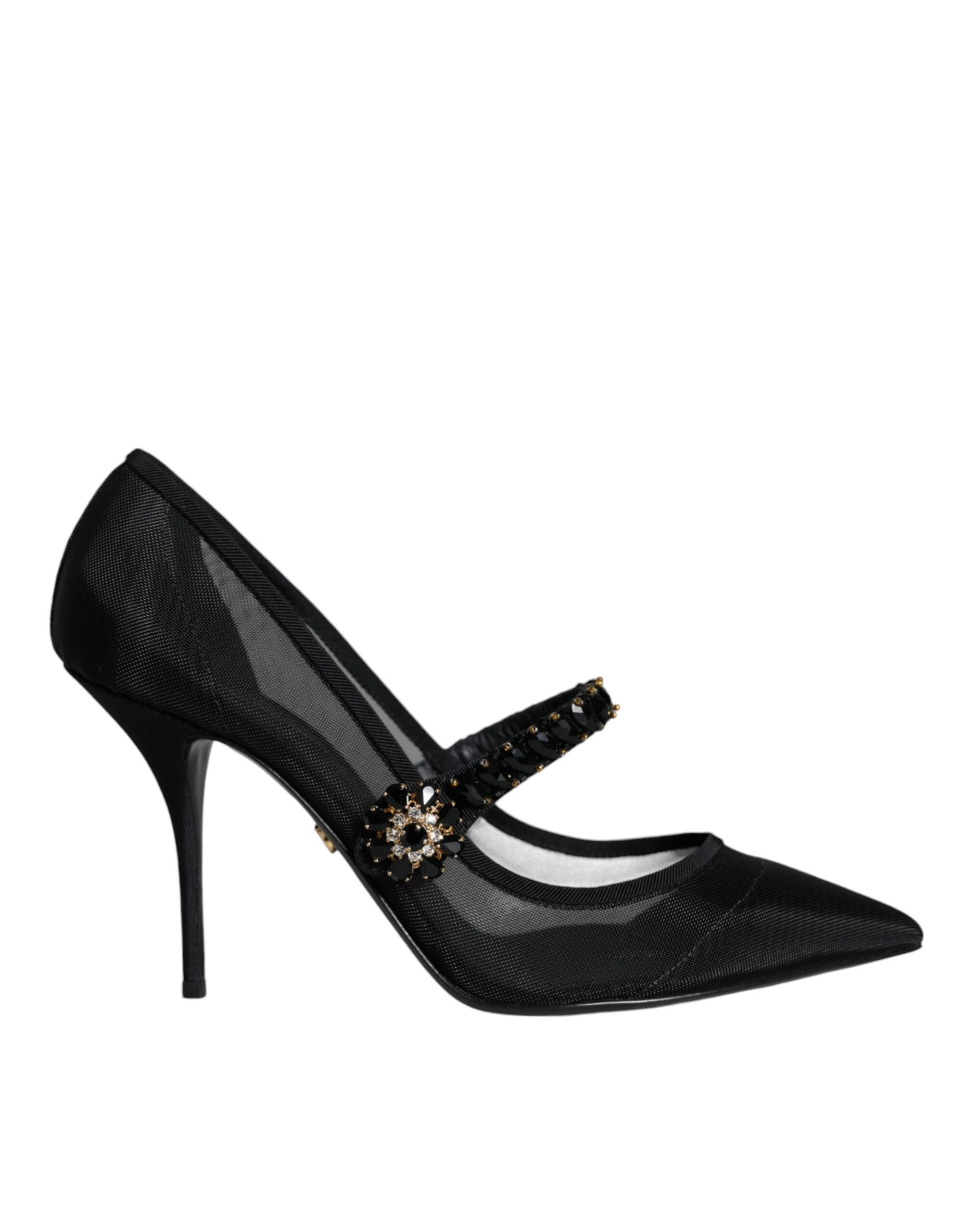 Dolce & Gabbana Black Mesh Mary Jane Crystal Heel Pumps Women's Shoes