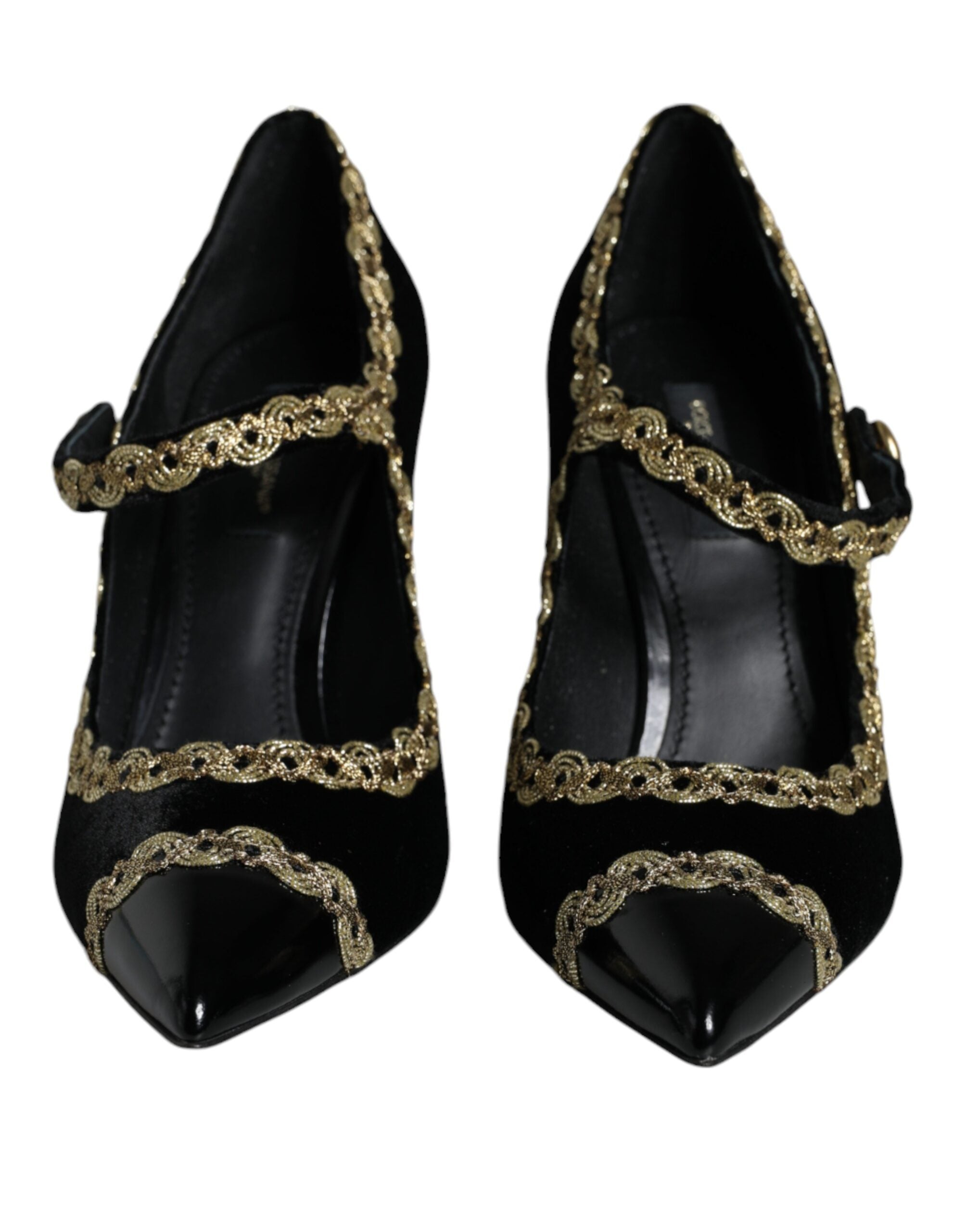 Dolce & Gabbana Black Mary Janes Velvet Gold Pumps Women's Shoes