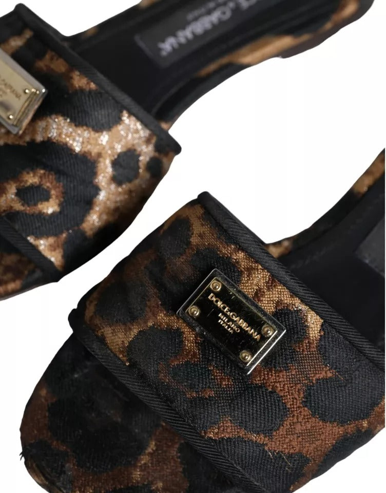 Dolce & Gabbana Brown Leopard Logo Slides Flats Sandals Women's Shoes (Pre-Owned)