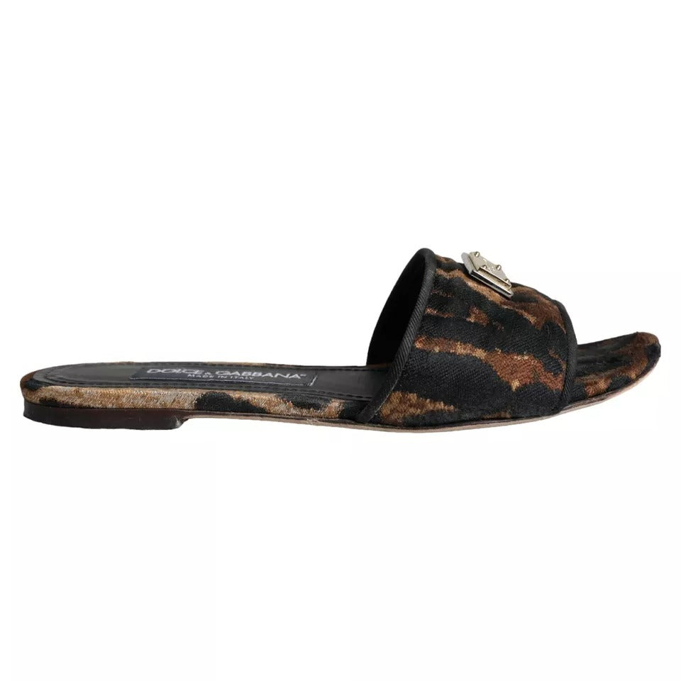 Dolce & Gabbana Brown Leopard Logo Slides Flats Sandals Women's Shoes (Pre-Owned)