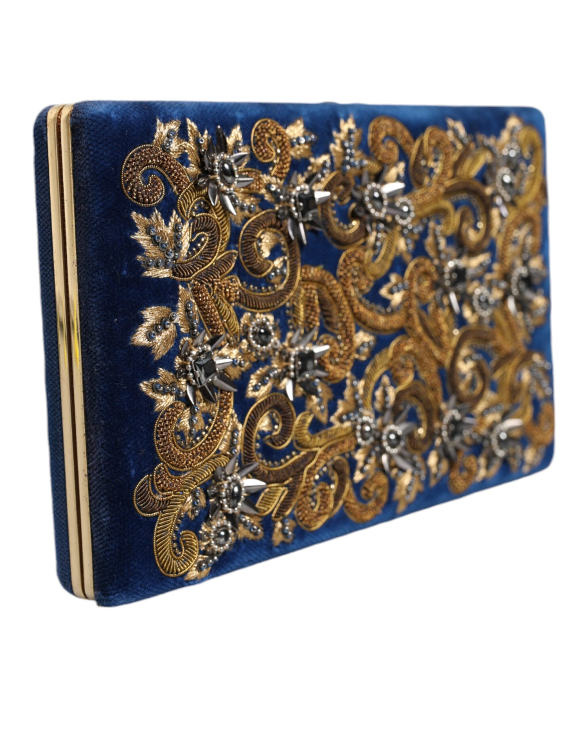 Dolce & Gabbana Blue Velvet Gold Frame Clutch Evening Party Purse Women's Bag