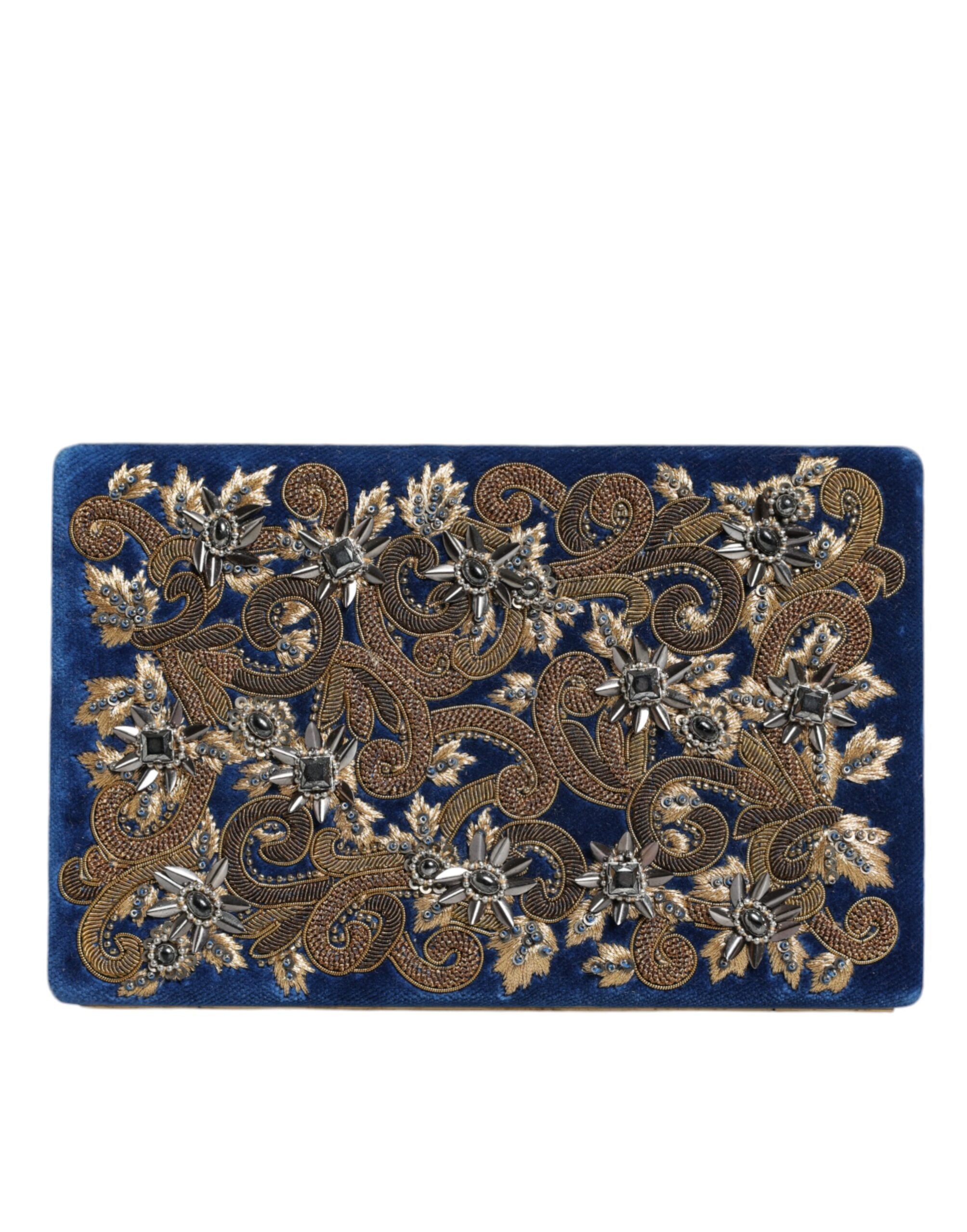 Dolce & Gabbana Blue Velvet Gold Frame Clutch Evening Party Purse Women's Bag