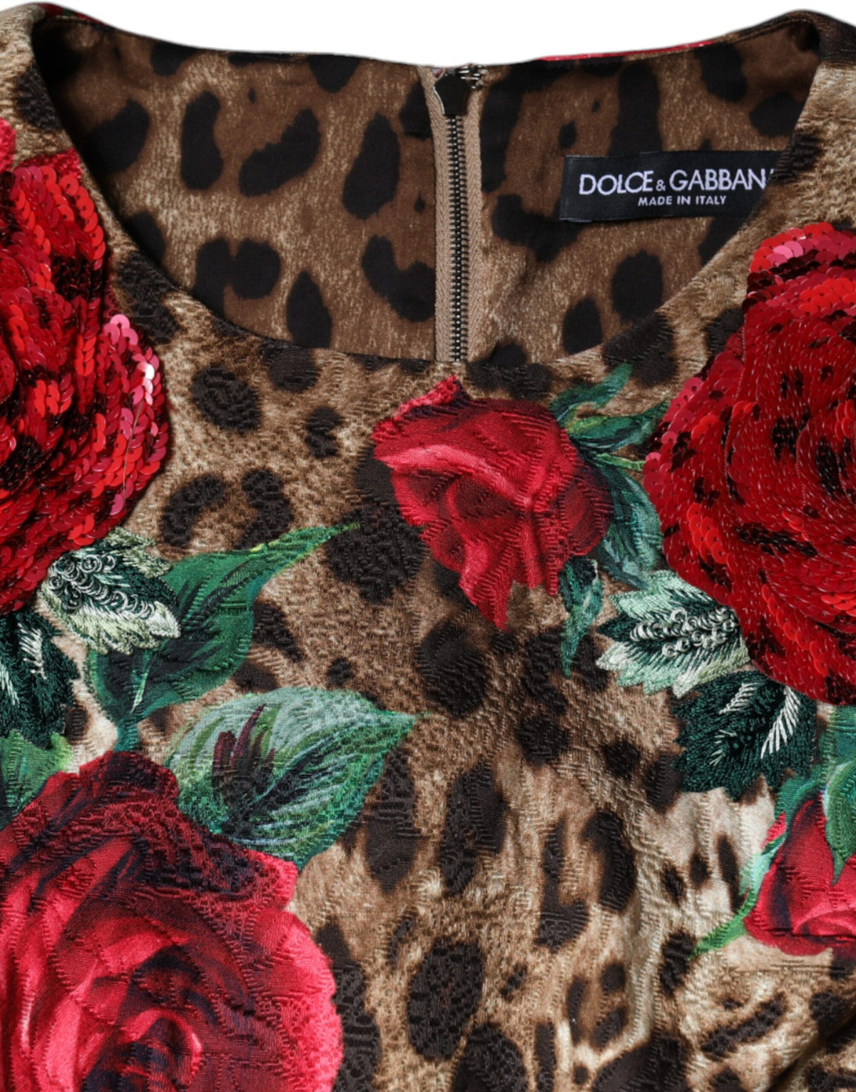 Dolce & Gabbana Brown Leopard Red Roses Cotton A-line Women's Dress
