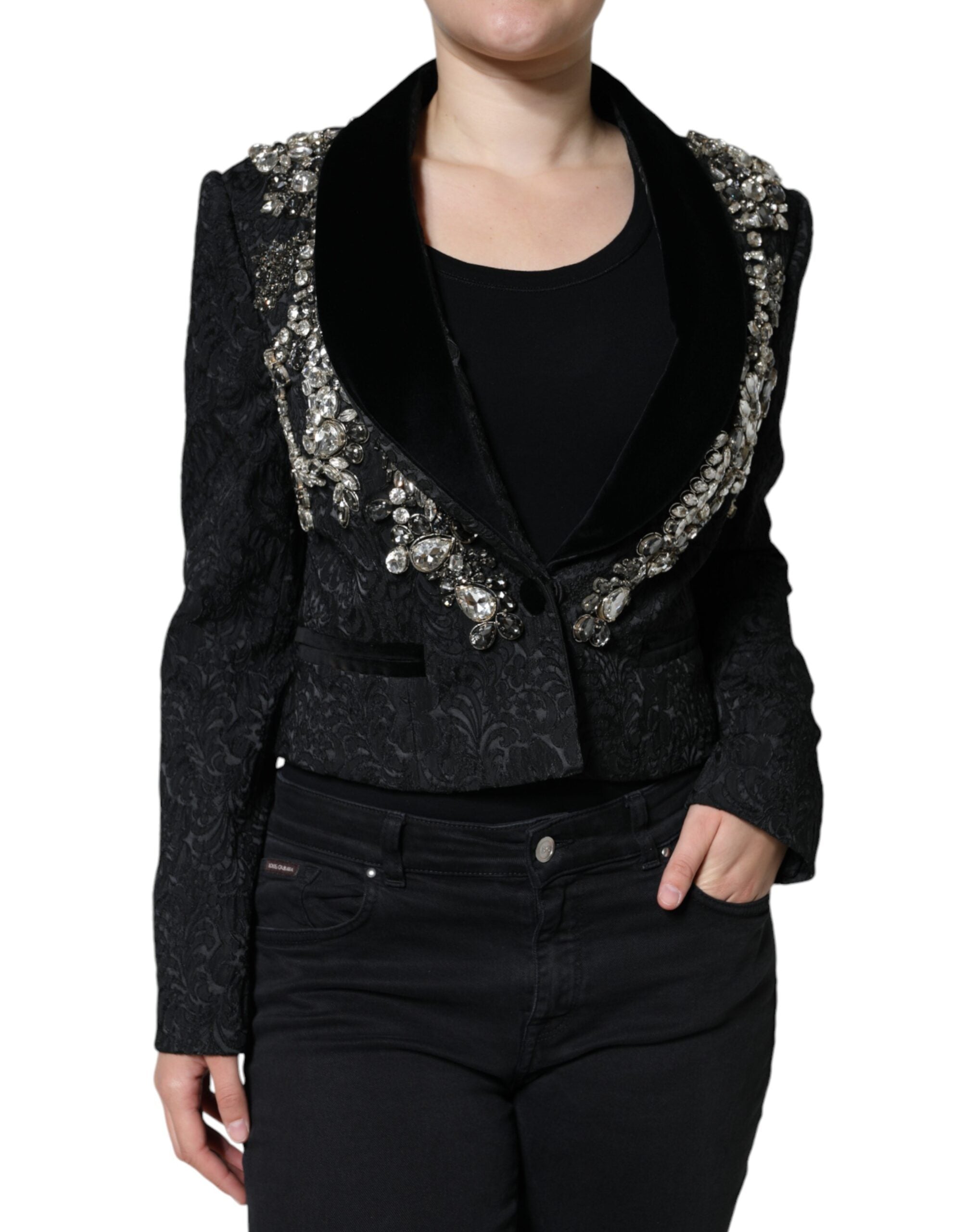 Dolce & Gabbana Black Jacquard Crystal Floral Jacket Women's Blazer