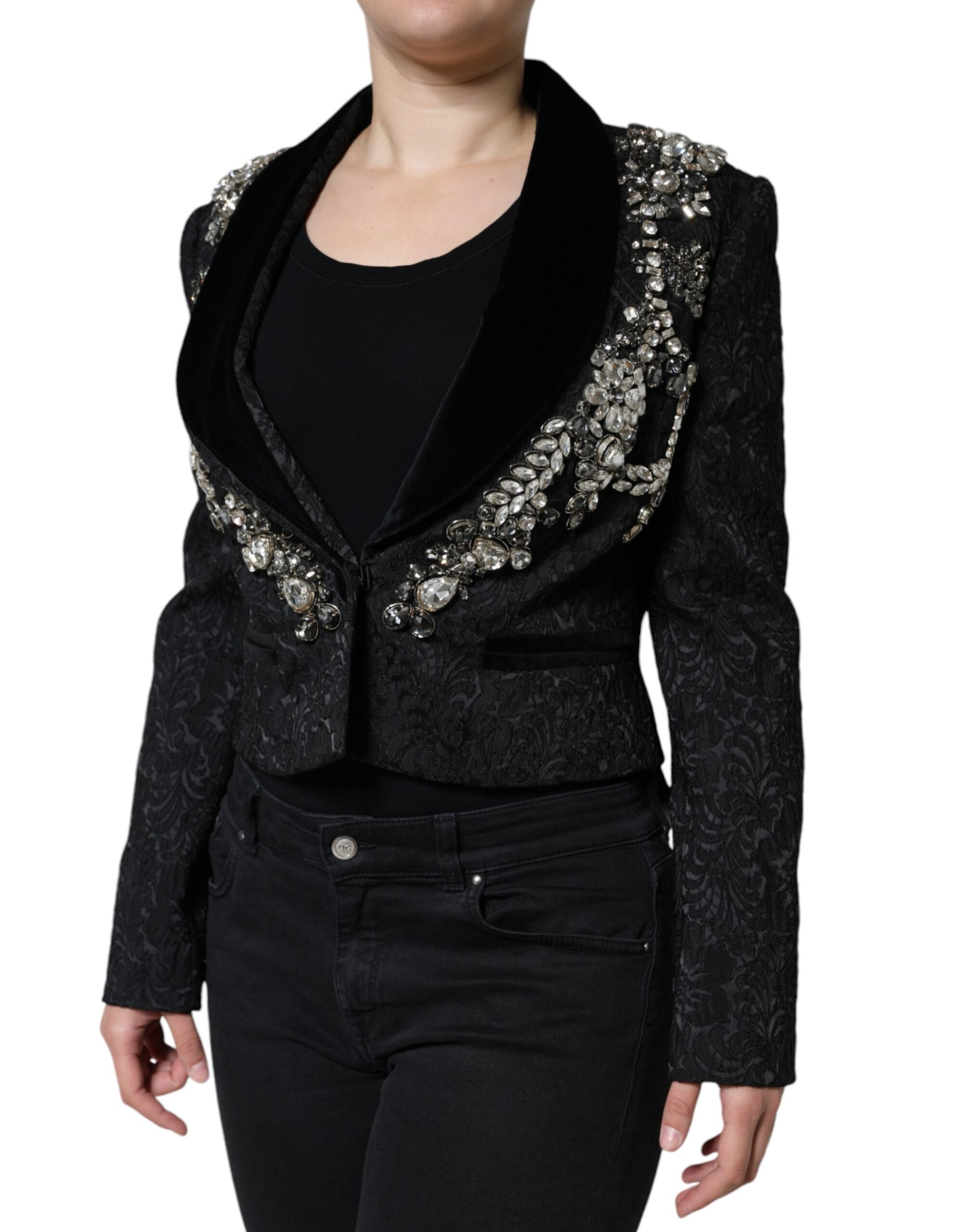 Dolce & Gabbana Black Jacquard Crystal Floral Jacket Women's Blazer
