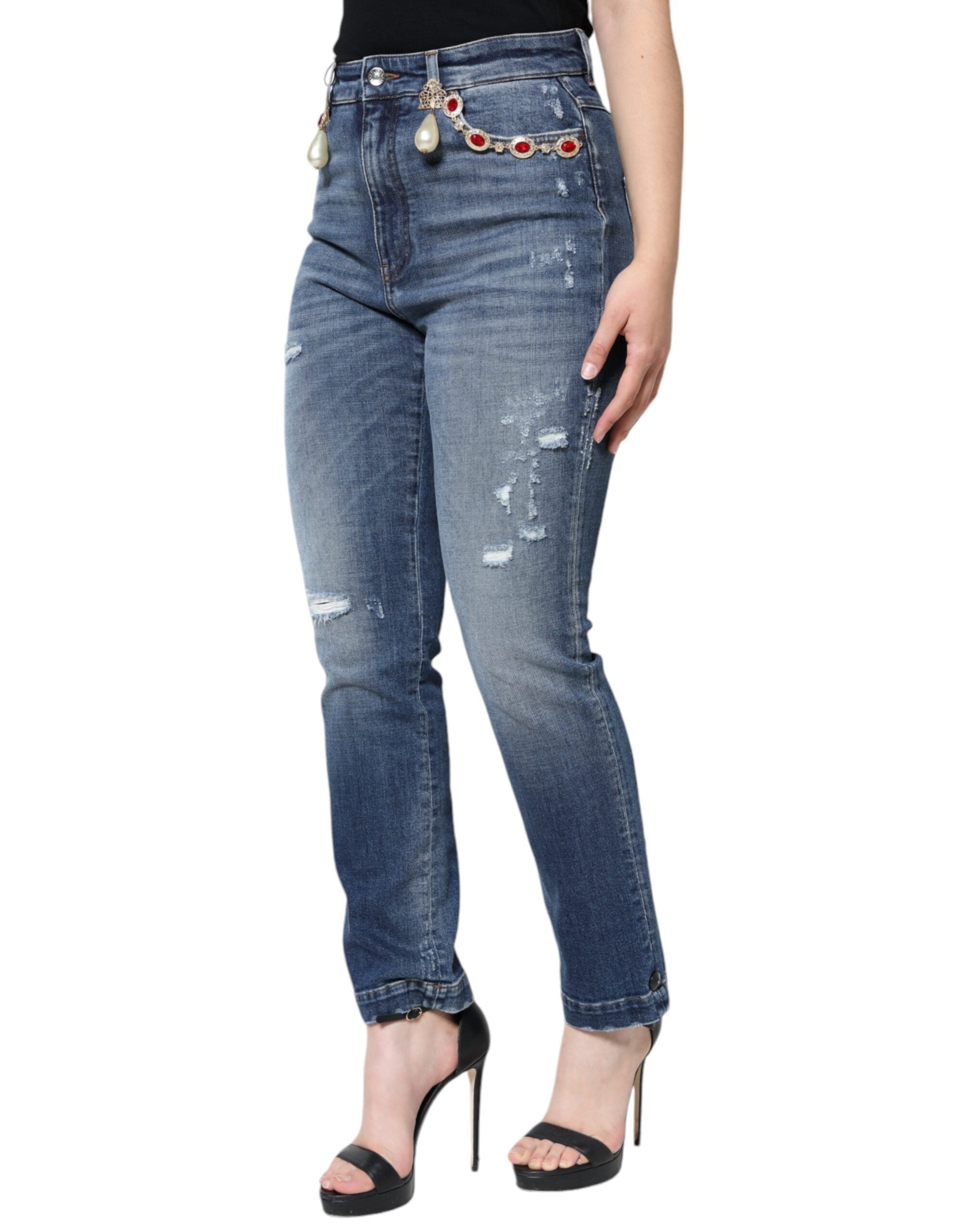 Dolce & Gabbana Dark Blue Cotton Tattered Skinny Denim Women's Jeans