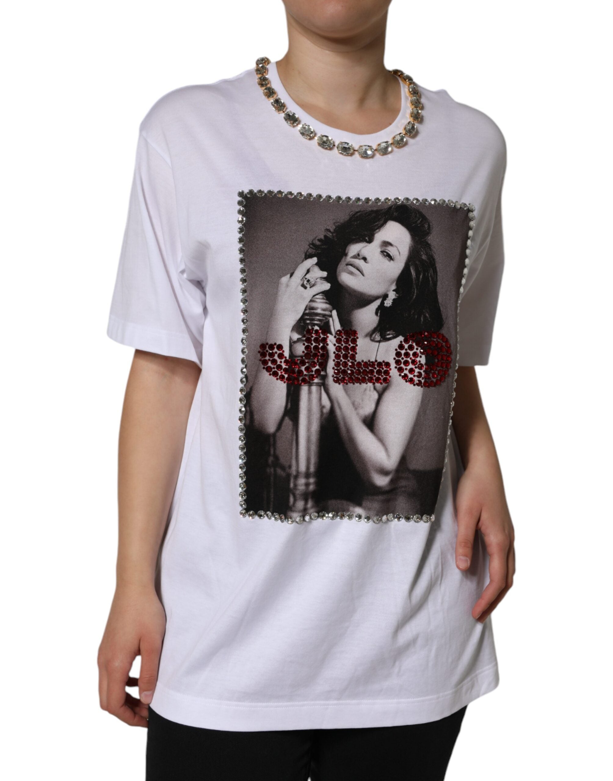Dolce & Gabbana White Crystal Neckline Embellished Printed Women's T-shirt