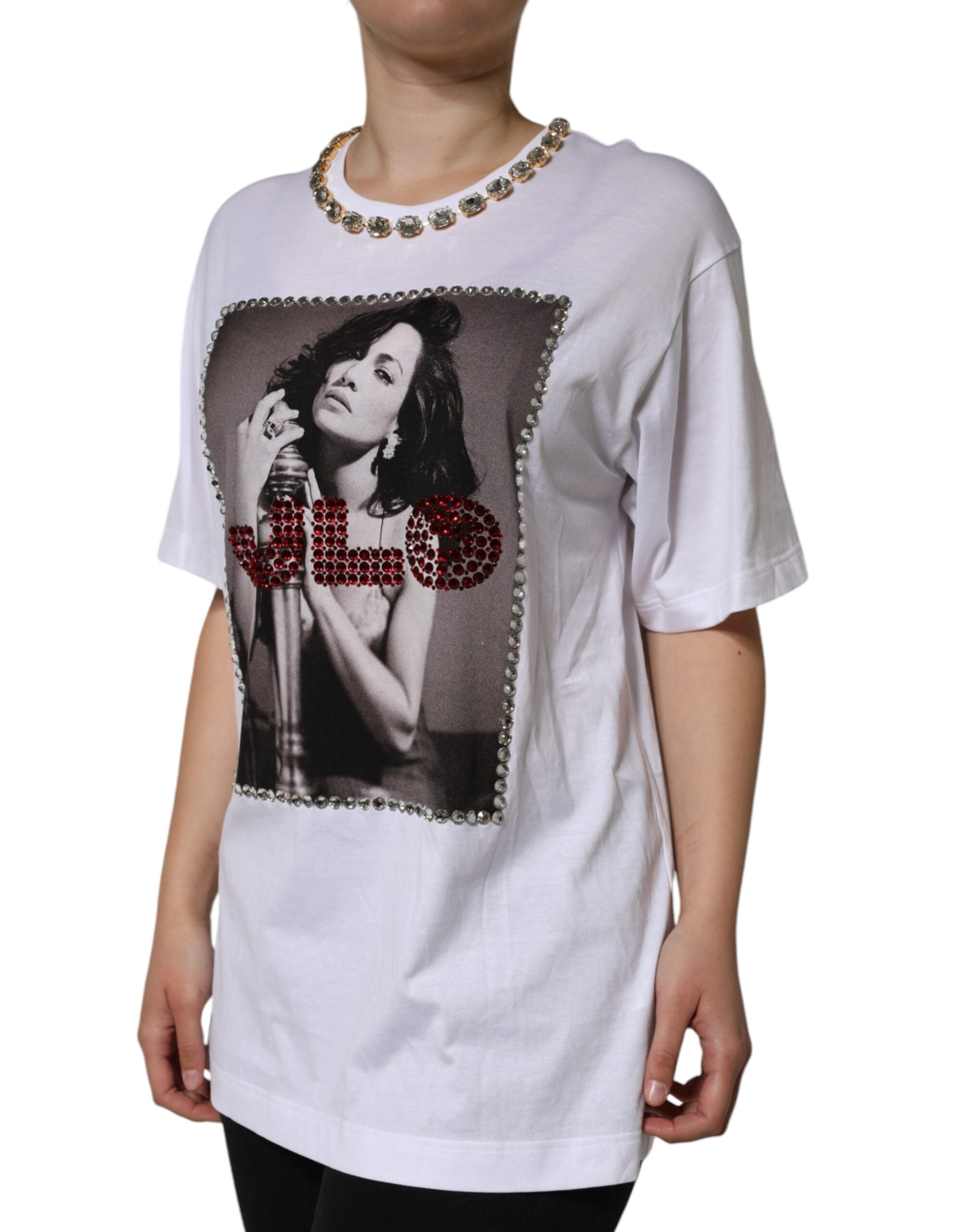 Dolce & Gabbana White Crystal Neckline Embellished Printed Women's T-shirt