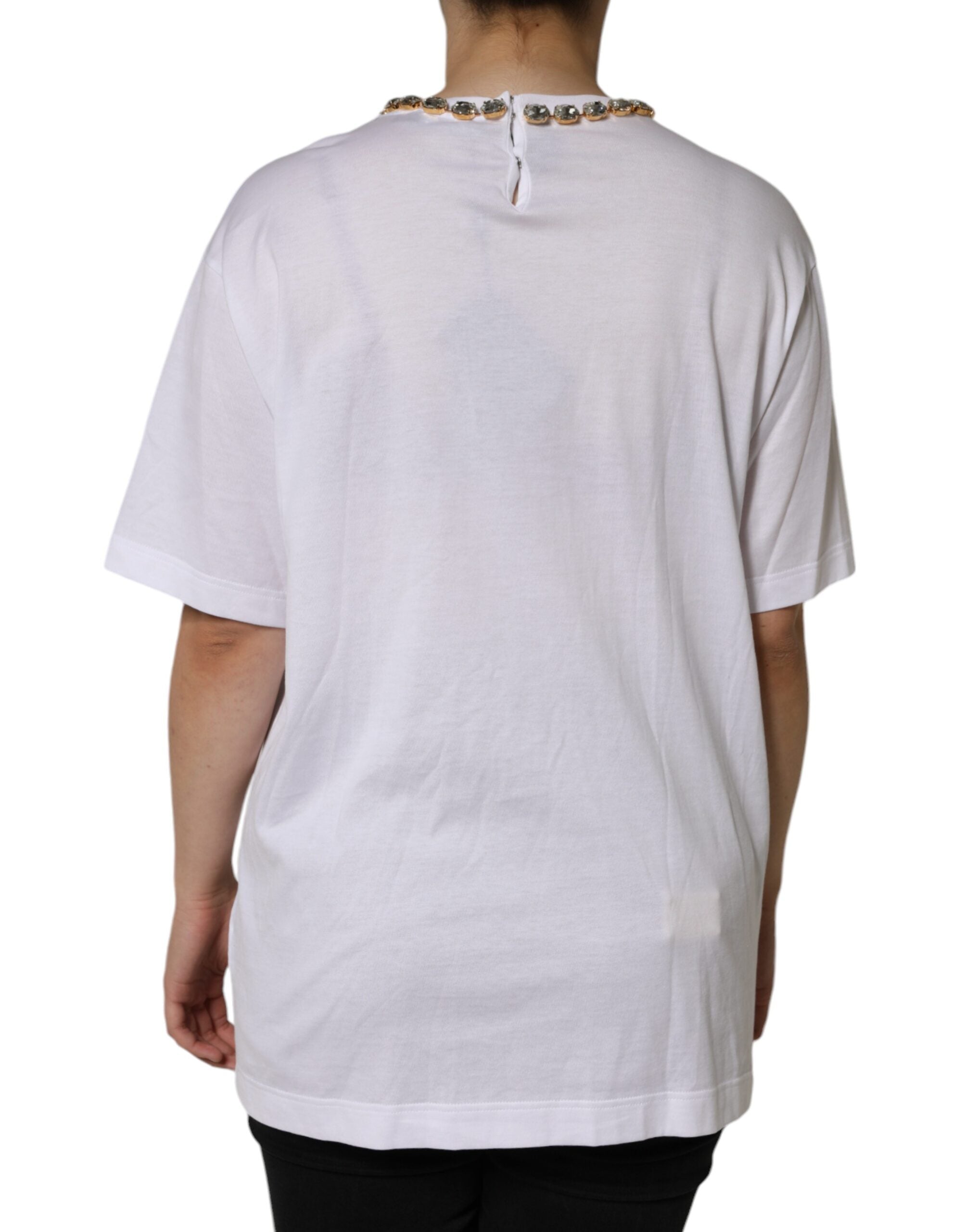 Dolce & Gabbana White Crystal Neckline Embellished Printed Women's T-shirt