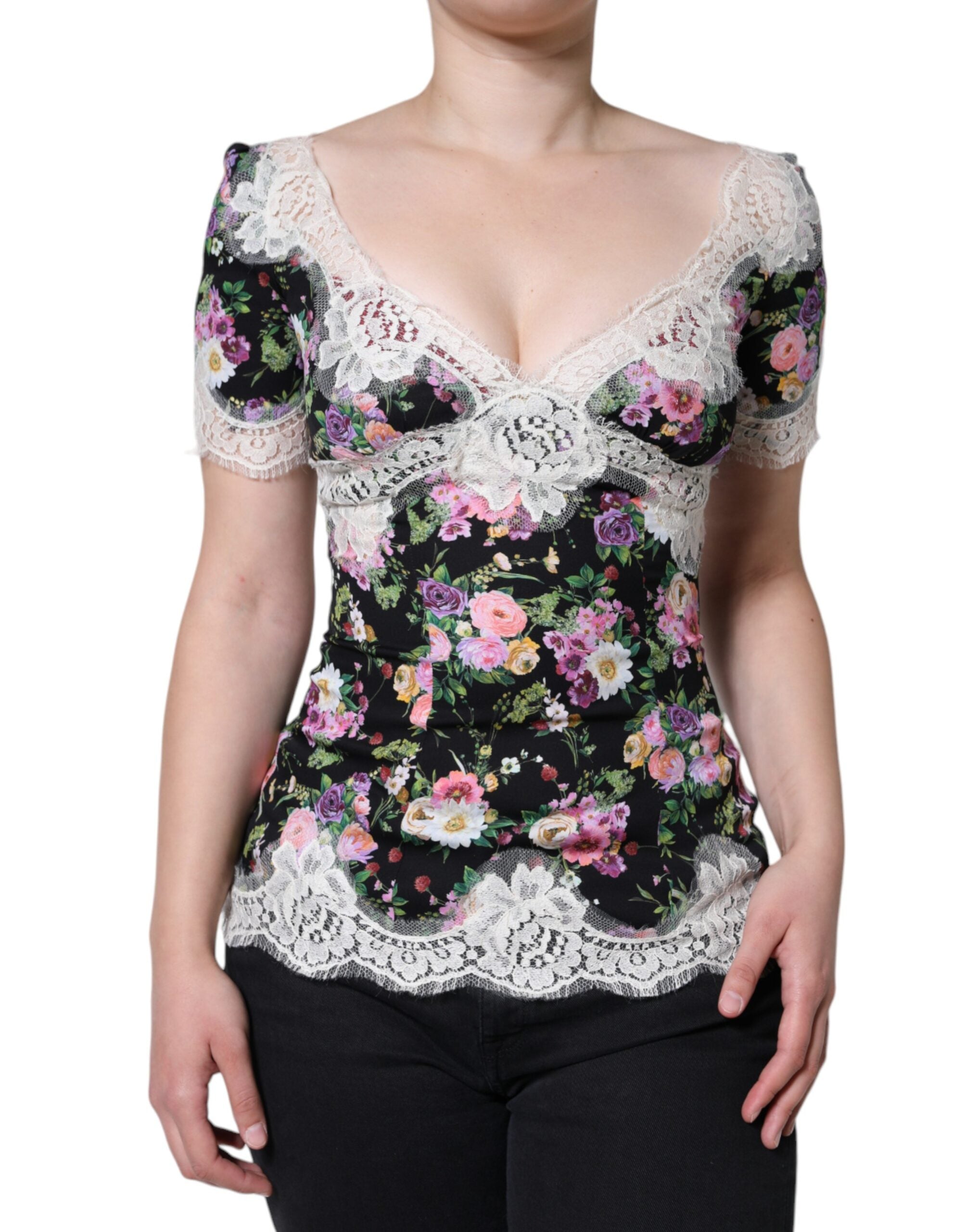 Dolce & Gabbana Black Floral Lace Short Sleeves Blouse Women's Top