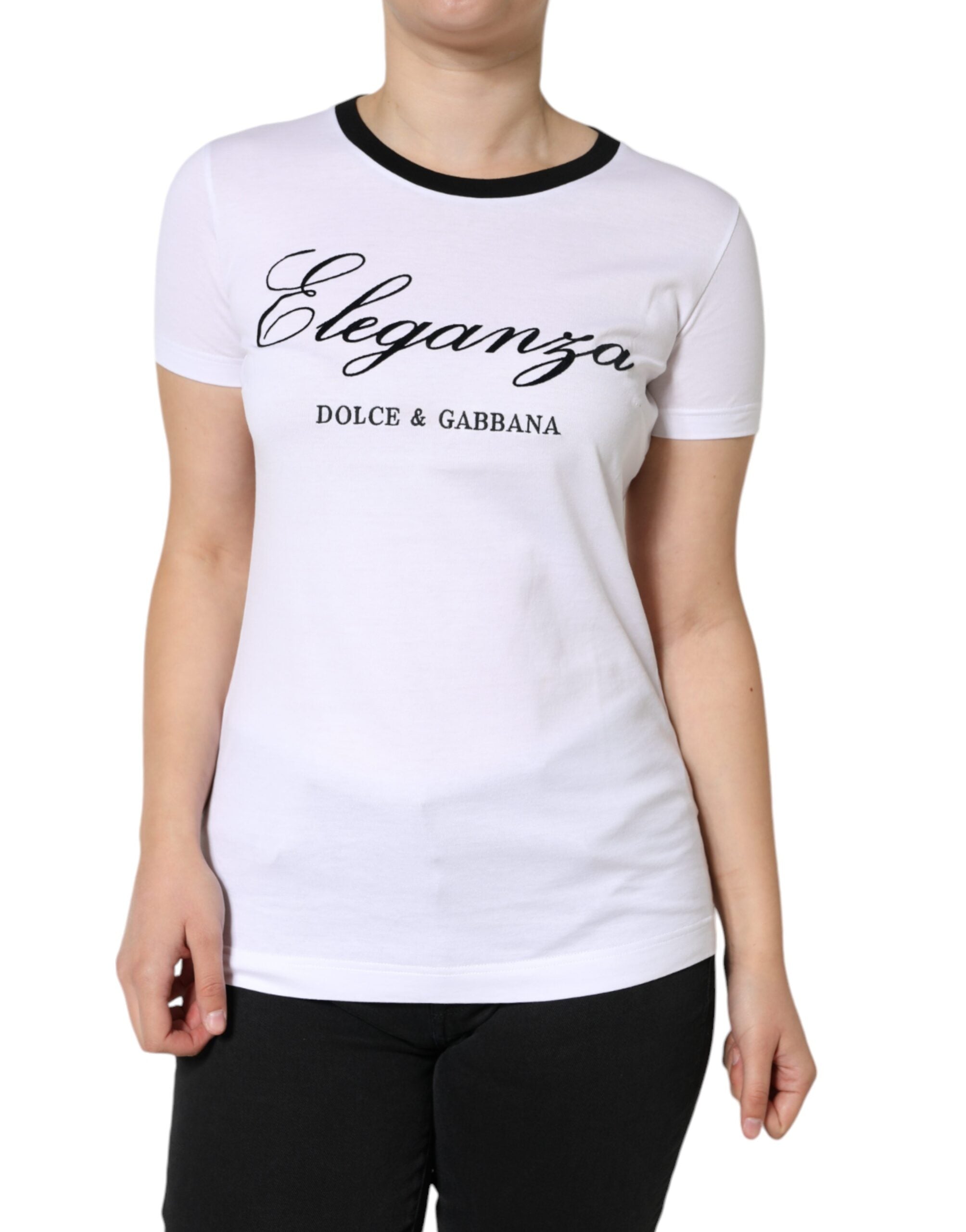 Dolce & Gabbana White Eleganza Print Cotton Short Sleeves Women's T-shirt