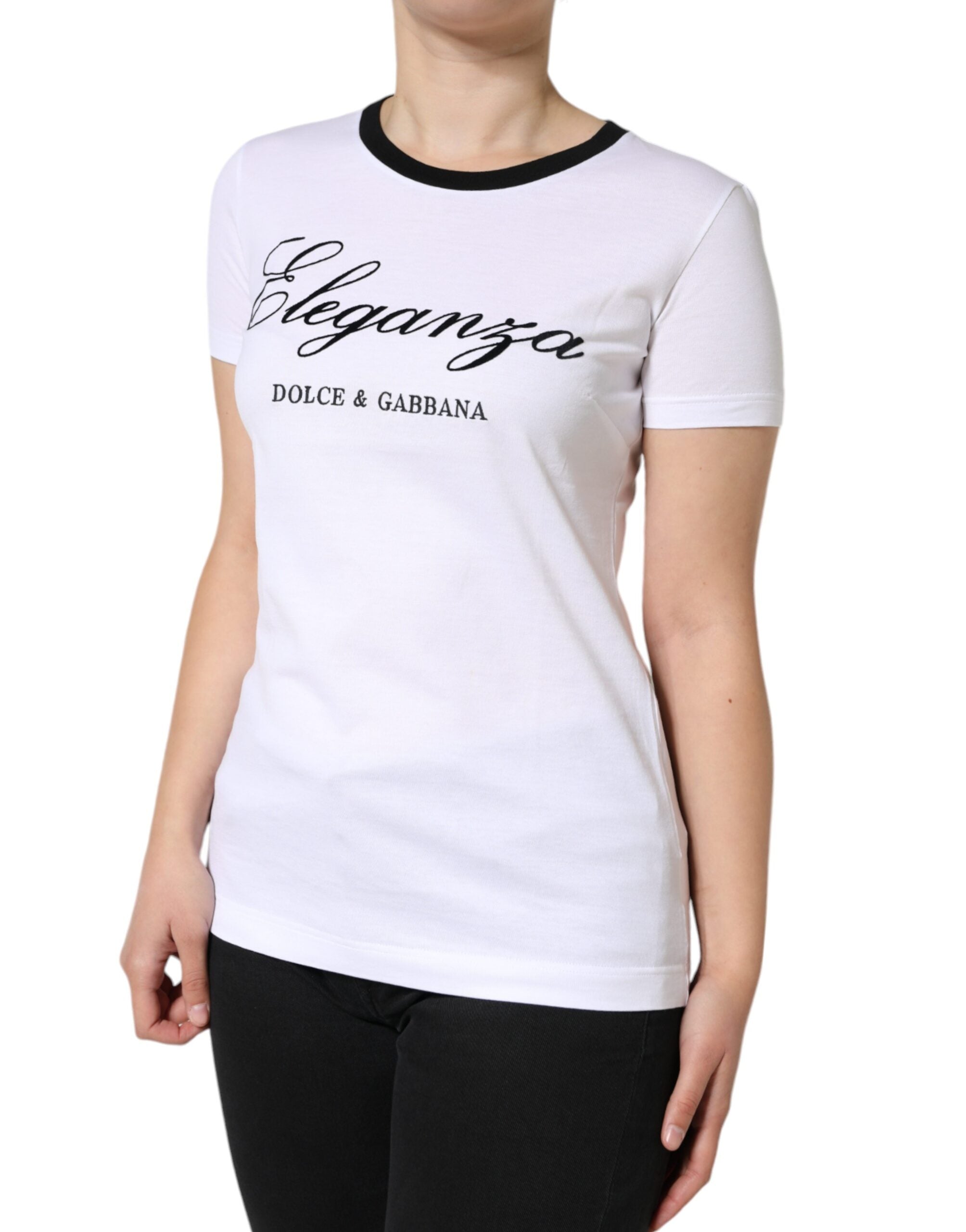 Dolce & Gabbana White Eleganza Print Cotton Short Sleeves Women's T-shirt
