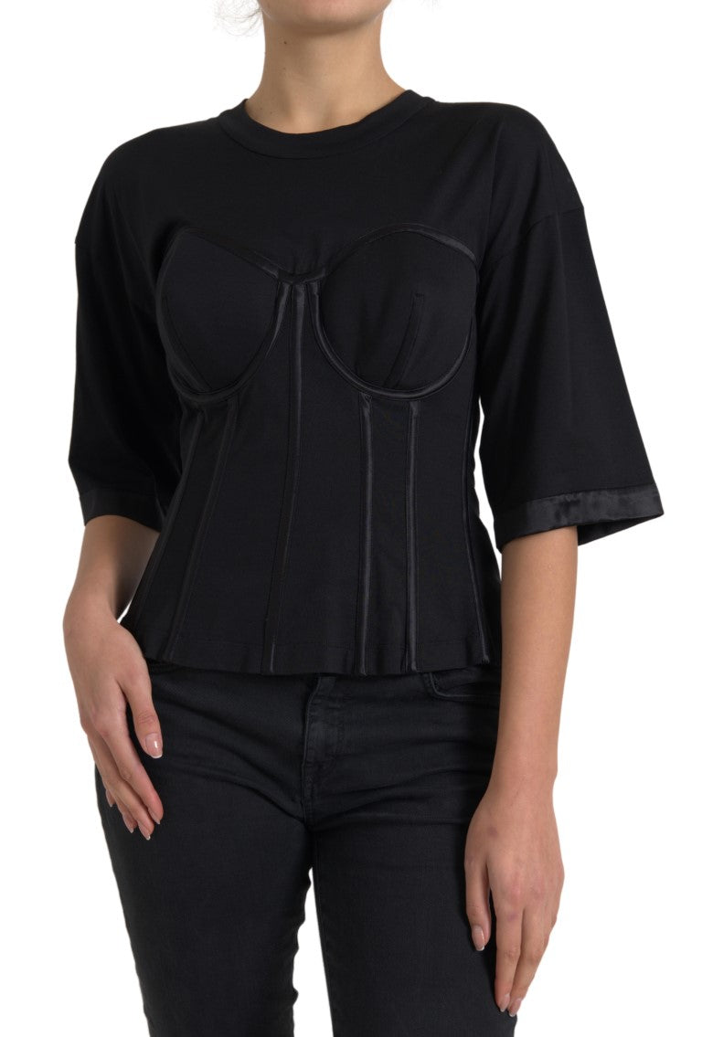 Dolce & Gabbana Black Cotton Corset Short Sleeves Tee Women's Top