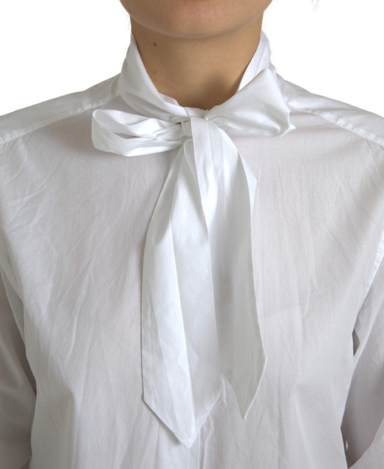 Dolce & Gabbana White Cotton Ascot Collar Long Sleeves Women's Top