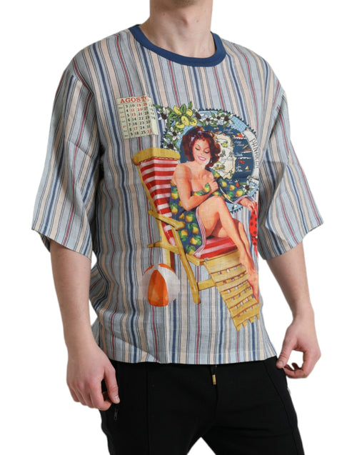 Dolce & Gabbana Multicolor Agosto Print Linen Men's T-shirt