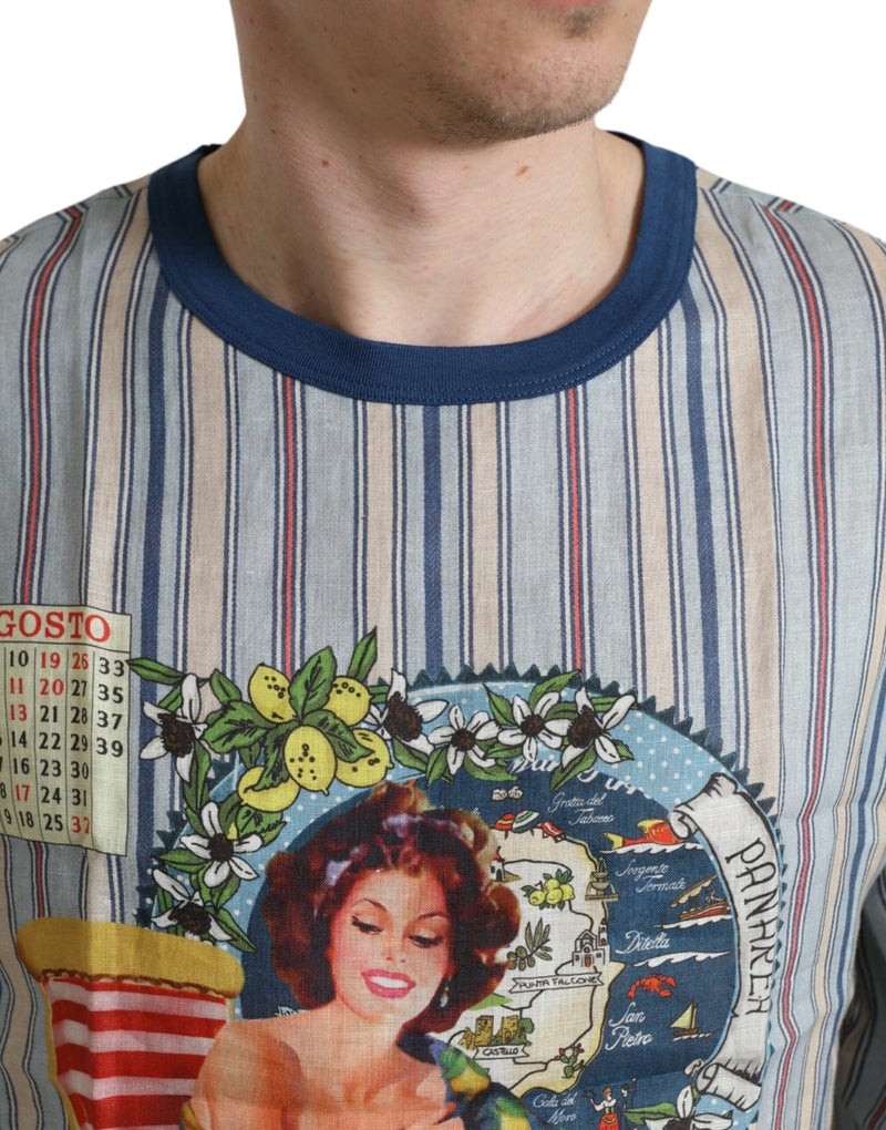 Stylish Dolce & Gabbana Multicolor Agosto Print Linen Men's T-shirt