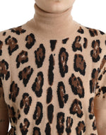 Dolce & Gabbana Elegant Beige Leopard Turtleneck Wool Women's Top