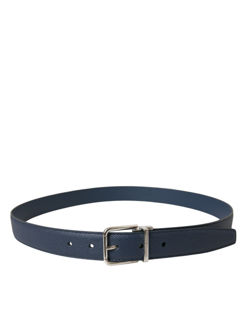 Dolce & Gabbana Navy Blue Leather Silver Metal Buckle Men's Belt