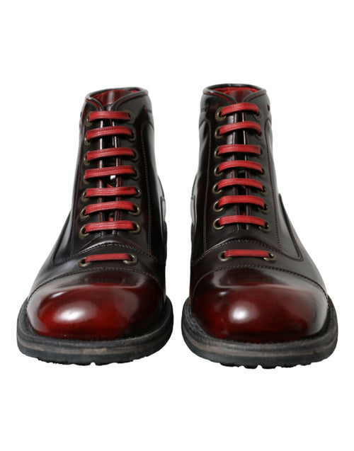 Dolce & Gabbana Black Red Leather Lace Up Ankle Boots Men's Shoes