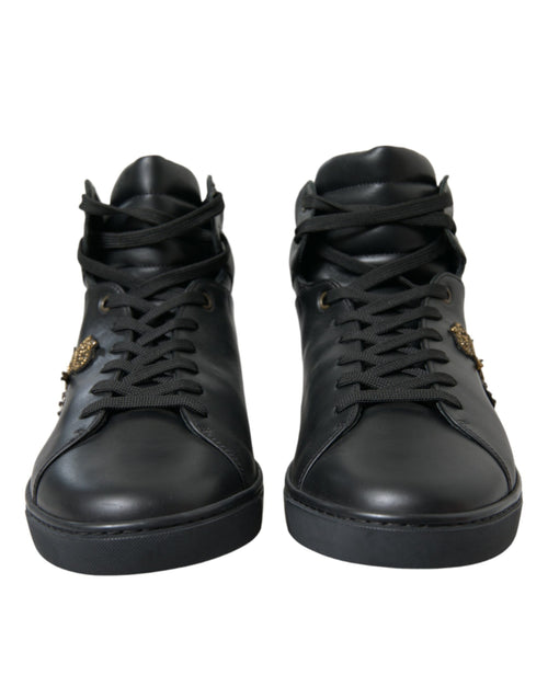 Dolce & Gabbana Black Crown Bee logo Mid Top Portofino Sneakers Men's Shoes