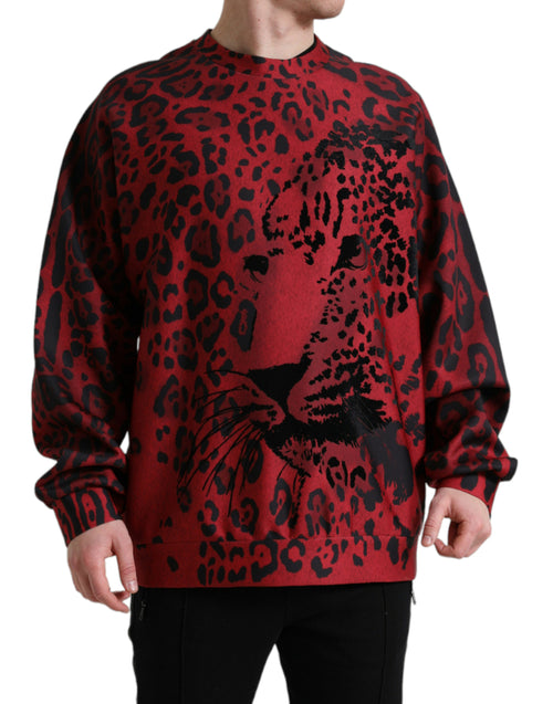 Dolce & Gabbana Red Leopard Print Crewneck Pullover Men's Sweater