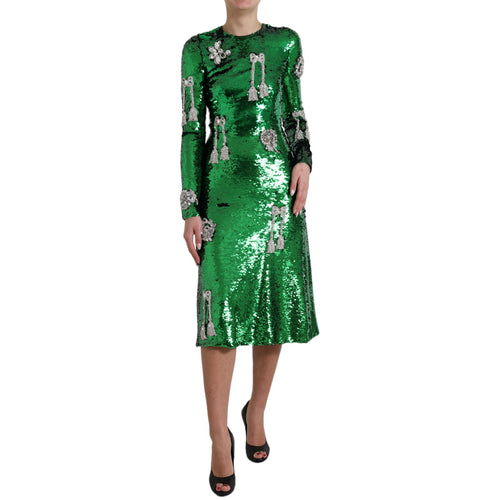 Dolce & Gabbana Elegant Below Knee Green Embroidered Women's Dress
